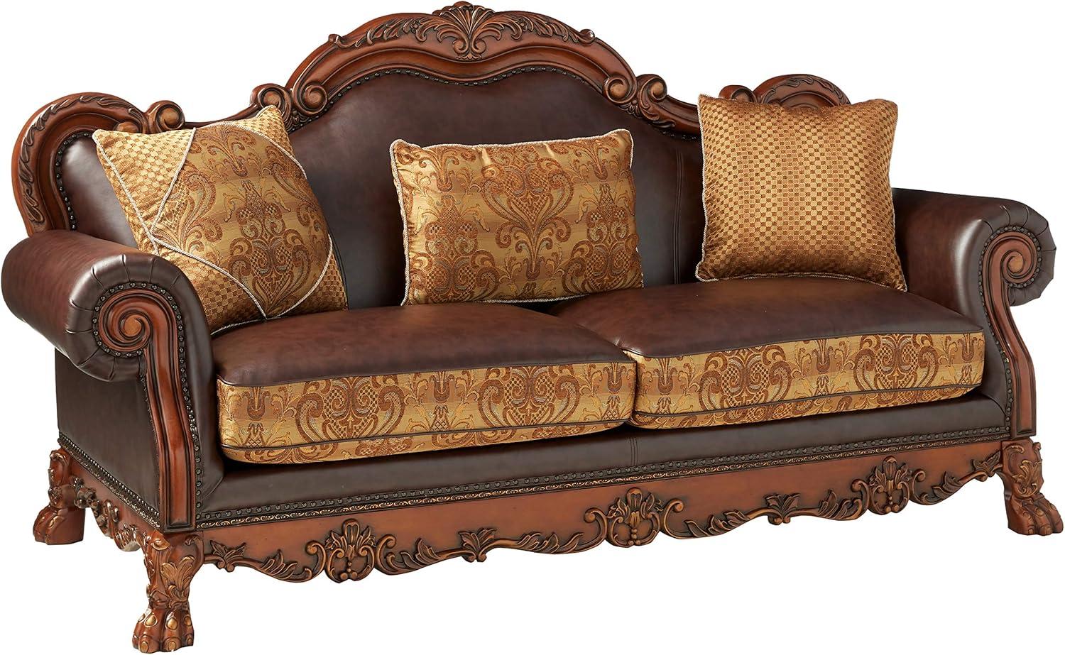 Dresden 89" Brown Synthetic Leather and Chenille Sofa with Cherry Oak Frame