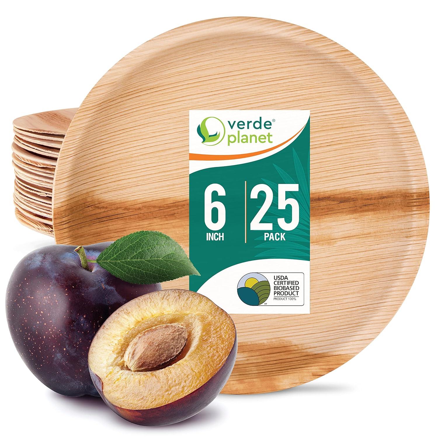Eco-Friendly 6" Round Palm Leaf Disposable Plates, Pack of 25