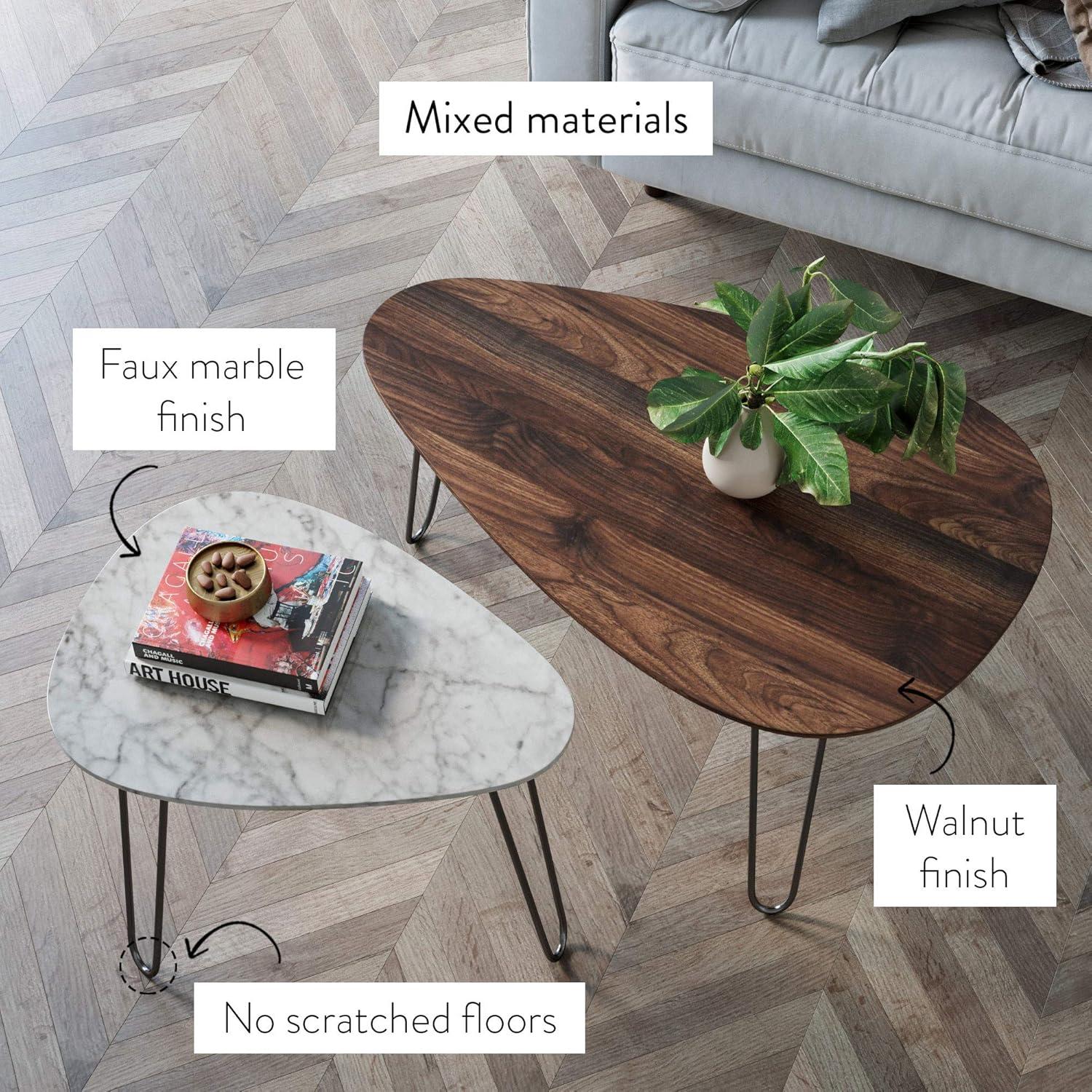 34" Bodhi Wood and Faux Marble Nesting Coffee Table Set Walnut/White Marble/Matte Black - Nathan James