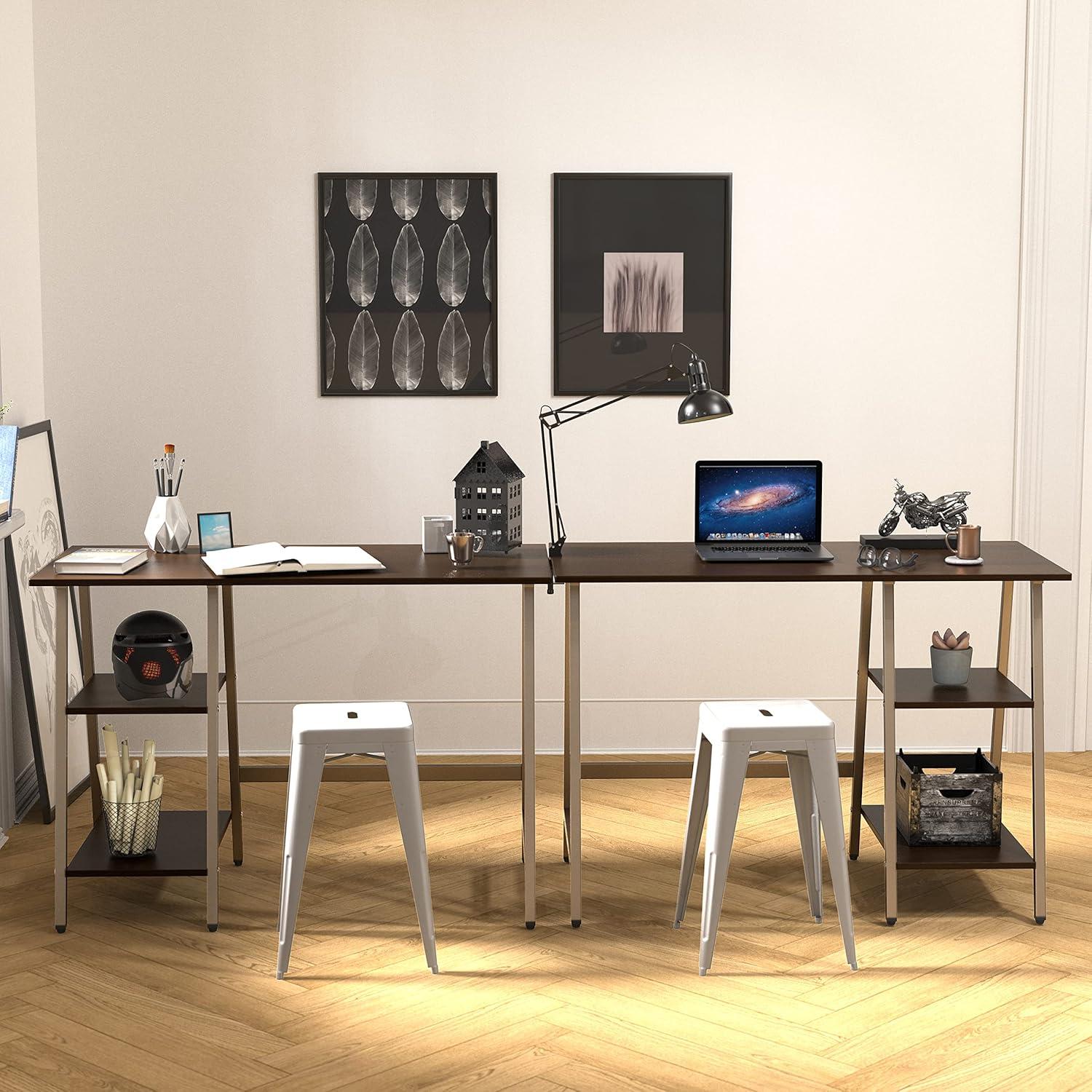 Espresso Wood Composite Trestle Computer Desk with Shelves