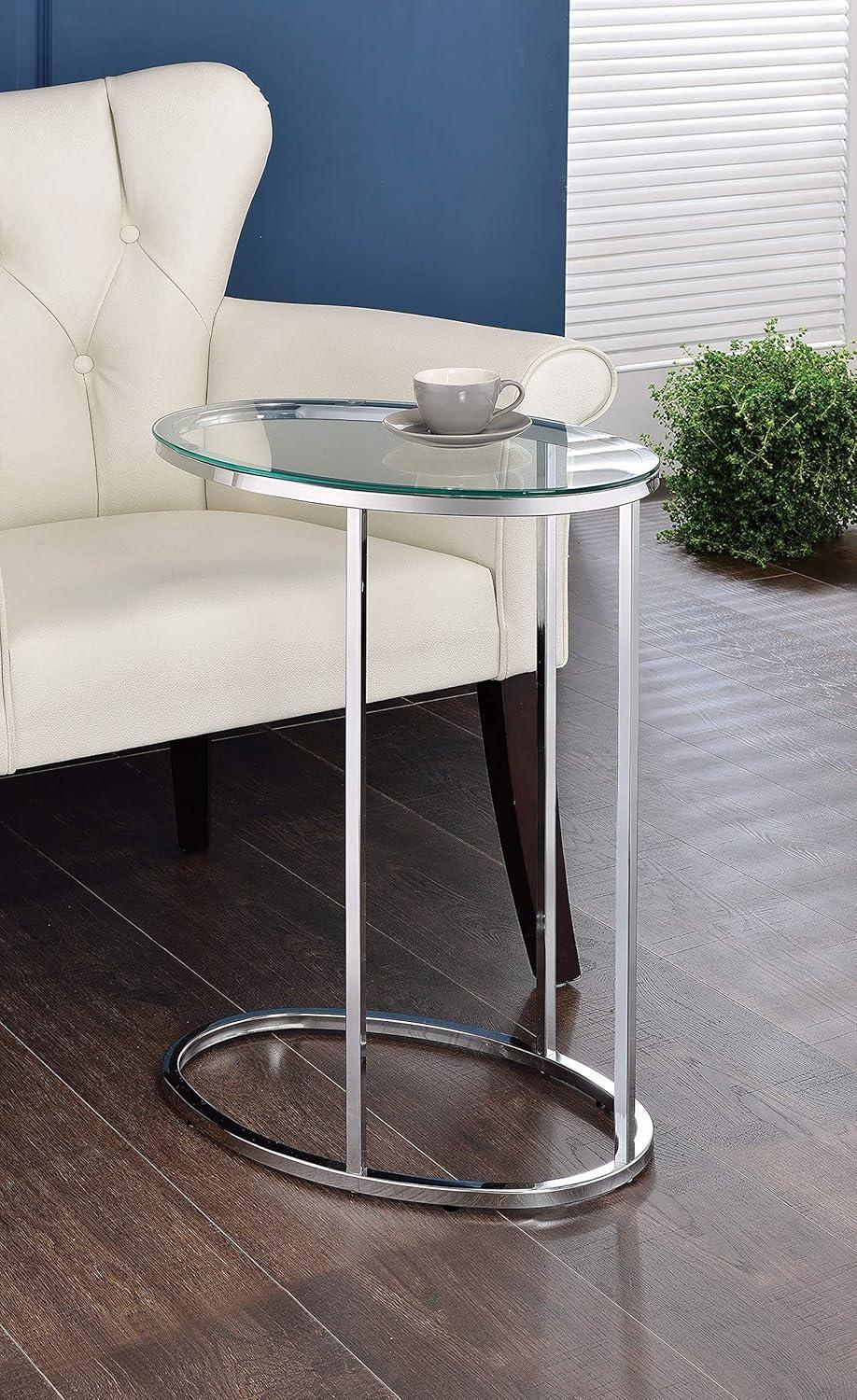 Sleek Transitional Oval Snack Table in Chrome and Clear