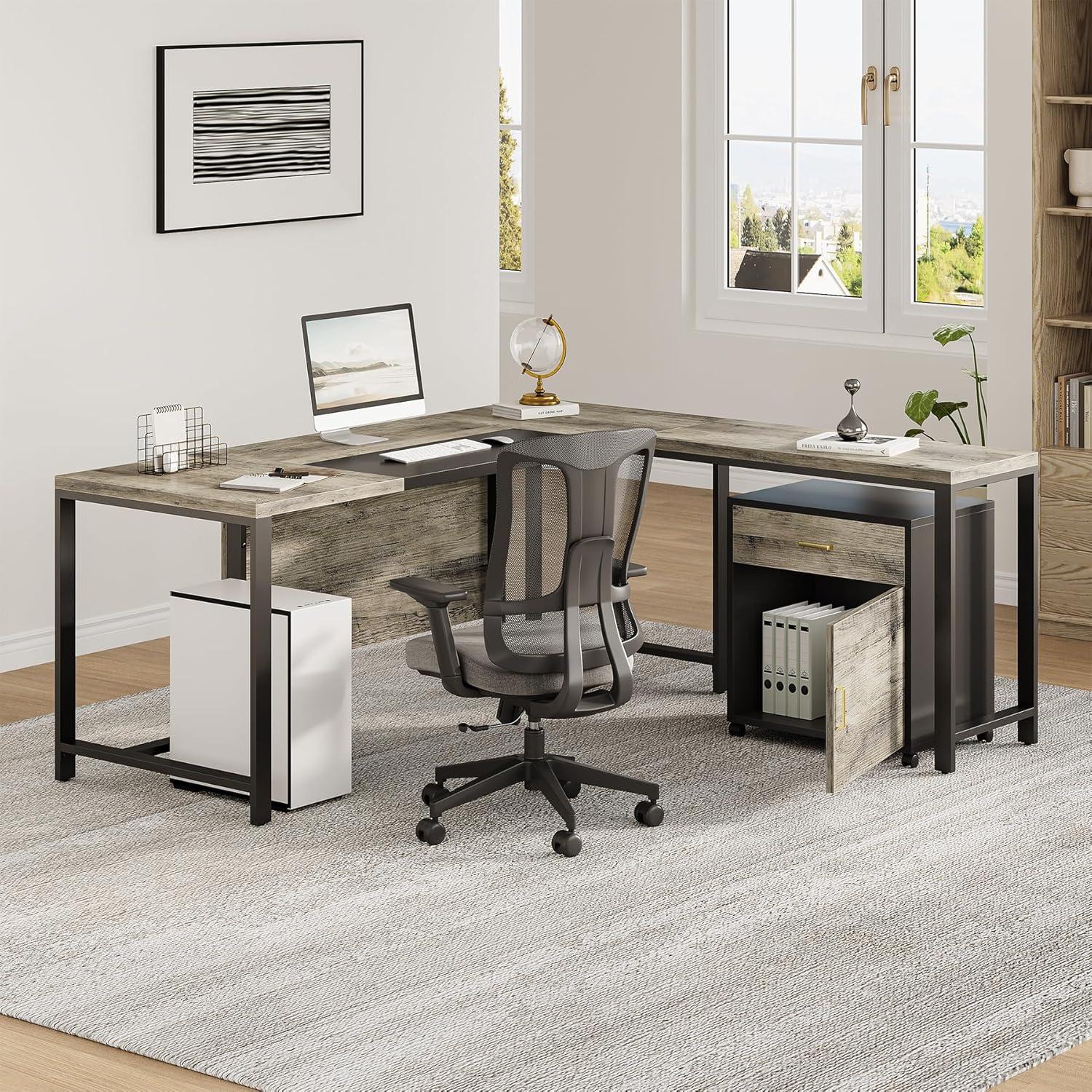Tribesigns 70.8" Executive Desk with 55" File Cabinet, Industrial L Shaped Computer Desk, Large Executive Desk for Home Office, Walnut & White