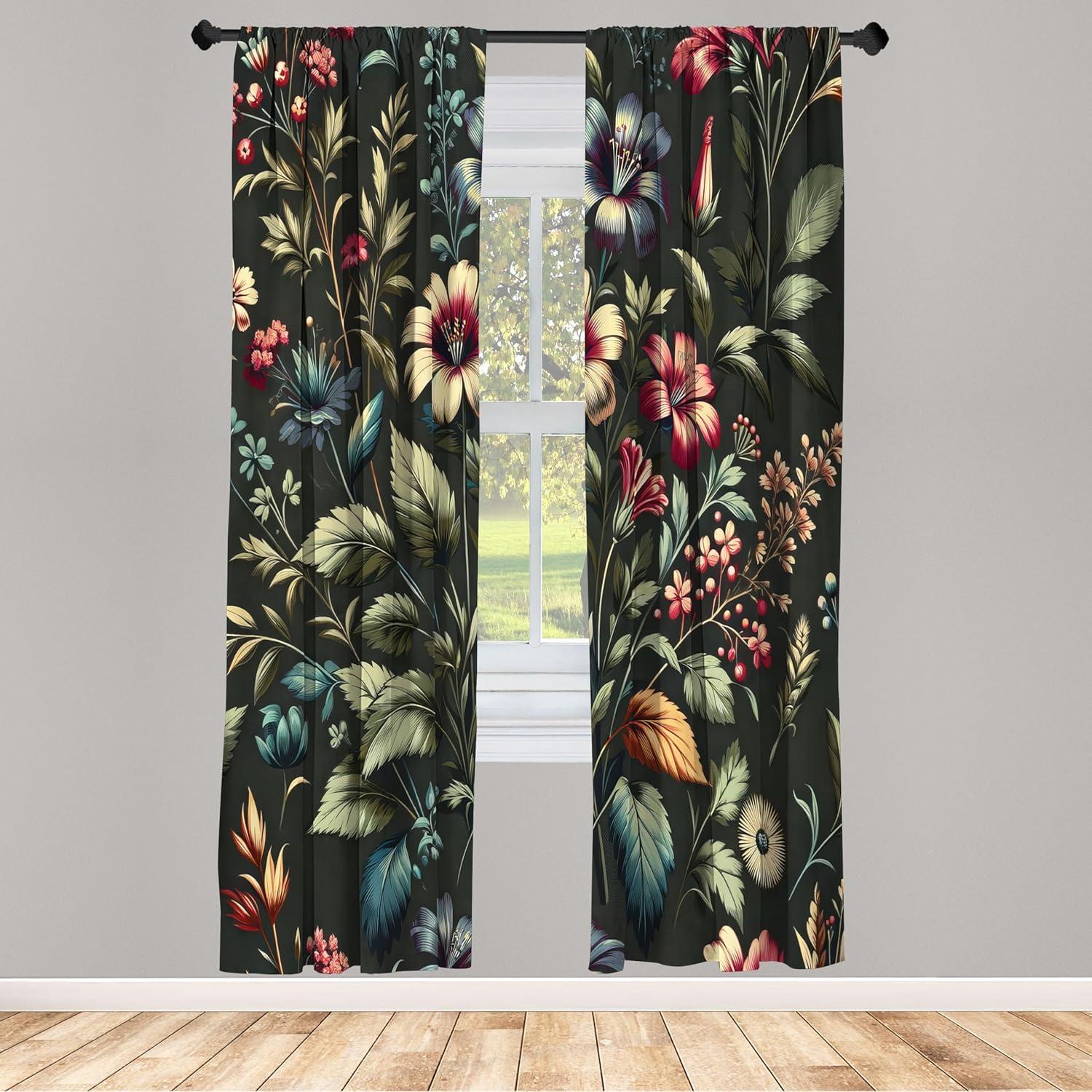 Ambesonne Floral Curtains, Nostalgia Aura Leafy Jungle, Pair of 28"x63", Laurel Green Dark Coral