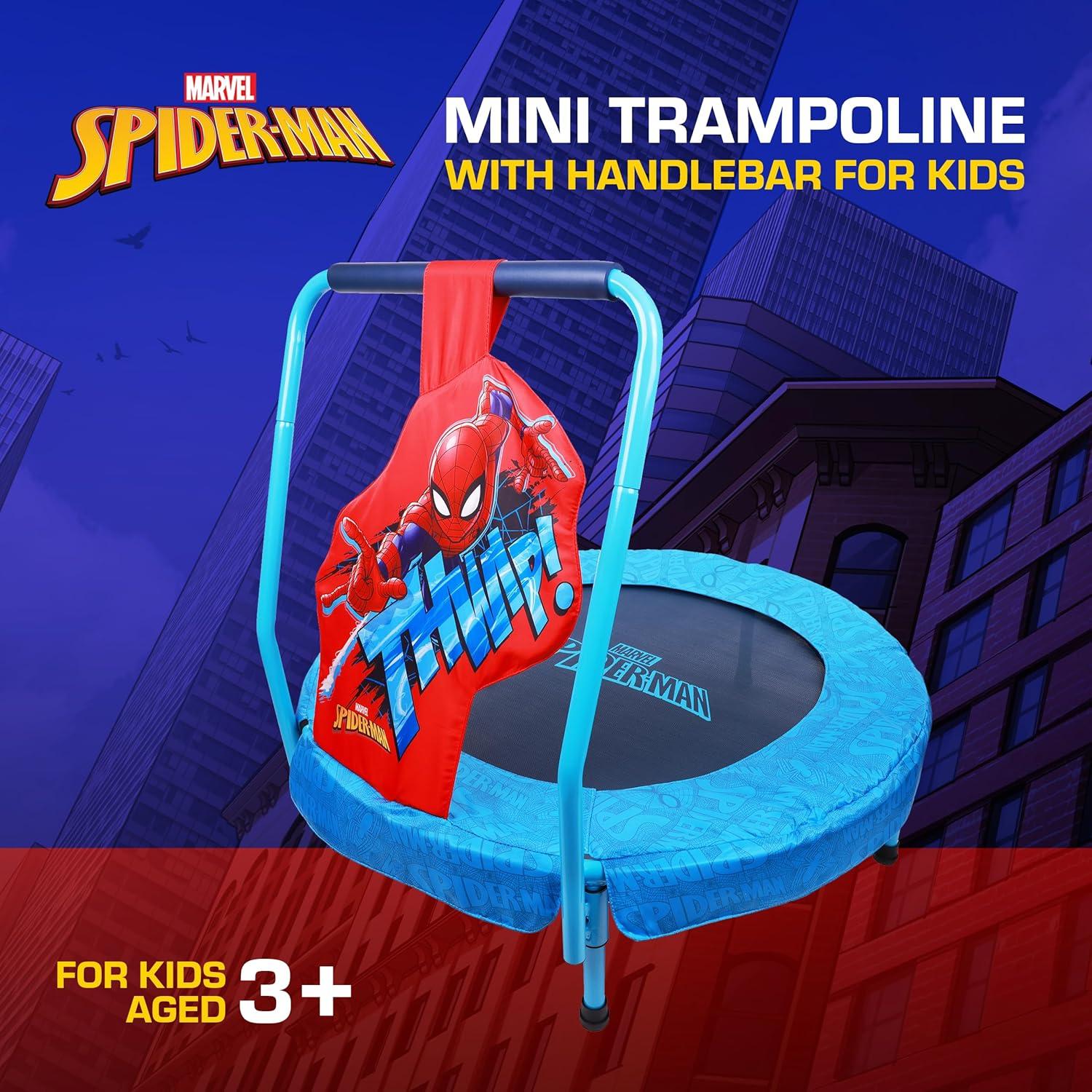Marvel Spider-Man Trampoline for Kids, Indoor Mini Toddler Trampoline with Foam Handle Bar, Round Jumping Mat, Blue