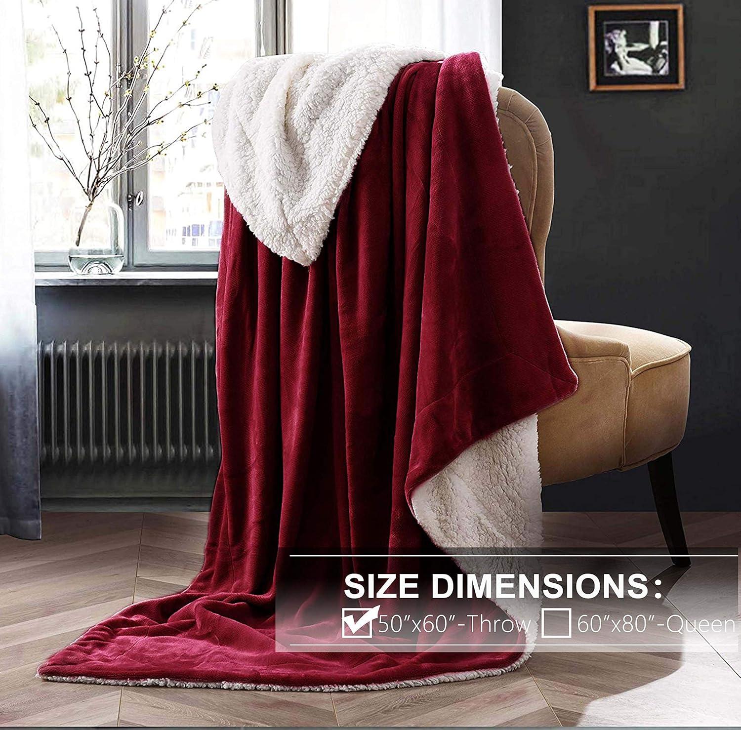 Wine Red Sherpa Fleece Reversible Throw Blanket