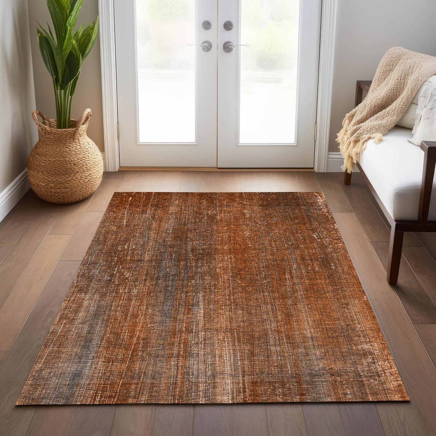 Paprika and Gray Striped Synthetic Washable Area Rug 9' x 12'