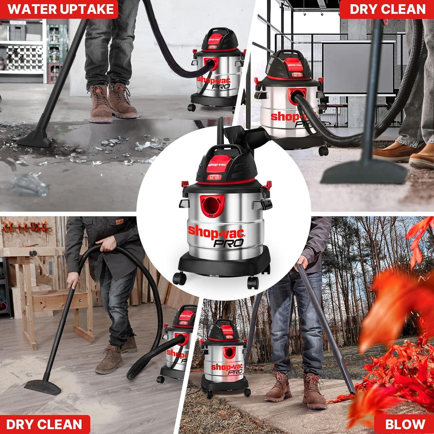 Shop-Vac 5989305 Wet/Dry Vacuum, 5 Gallon, 4.5 Peak HP Stainless Steel Vacuum, 1.25 Inch Diameter x 7 Foot Hose, 6 Ft Cord Length, Ideal for Jobsite, Garage, Car & Workshop