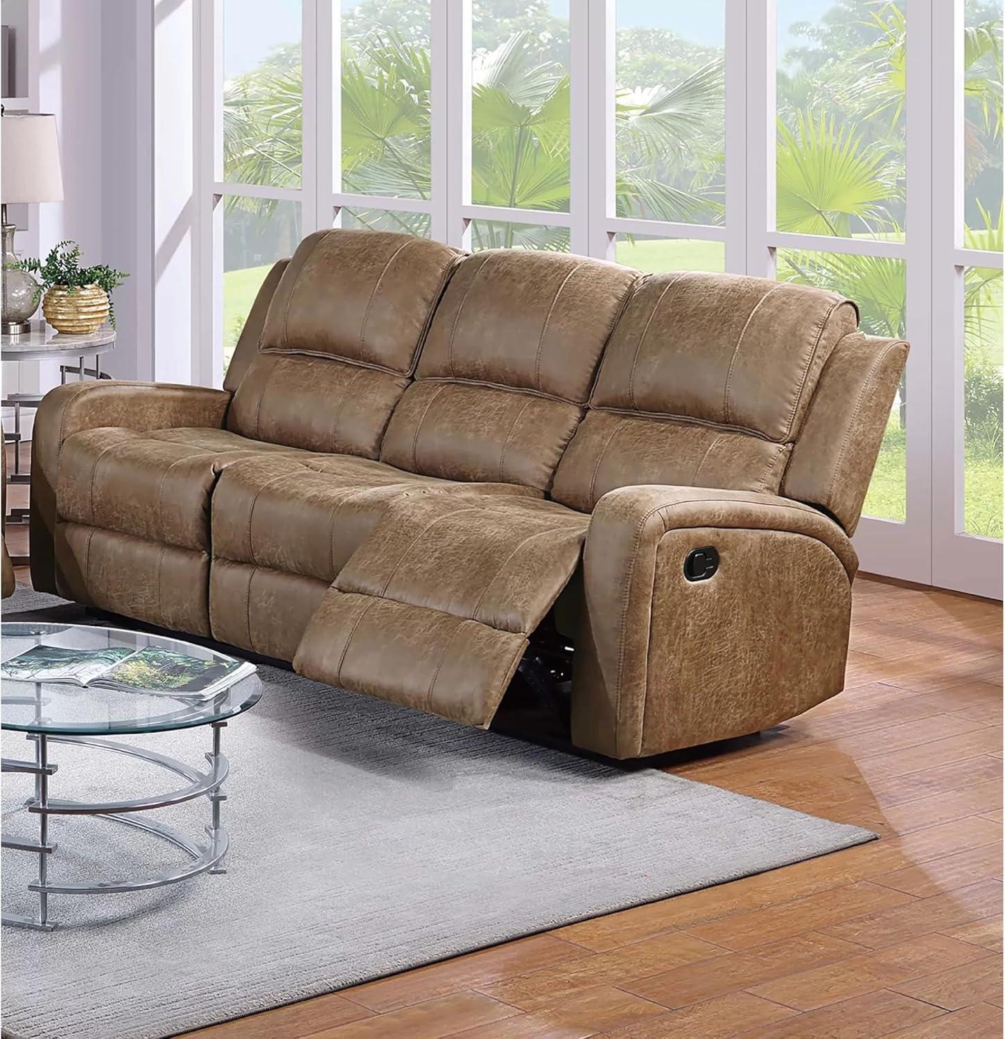 Chestnut Brown Tufted Faux Leather Reclining Sofa, 78 inch
