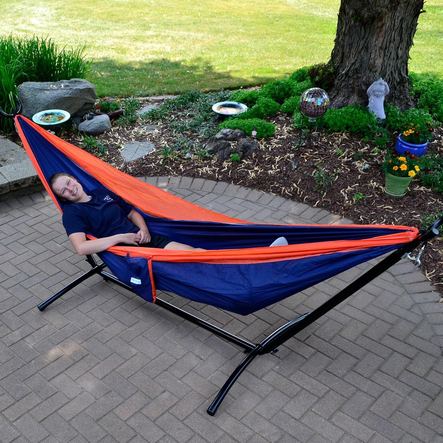 Double Nylon Hammock with Portable Stand, Orange & Navy