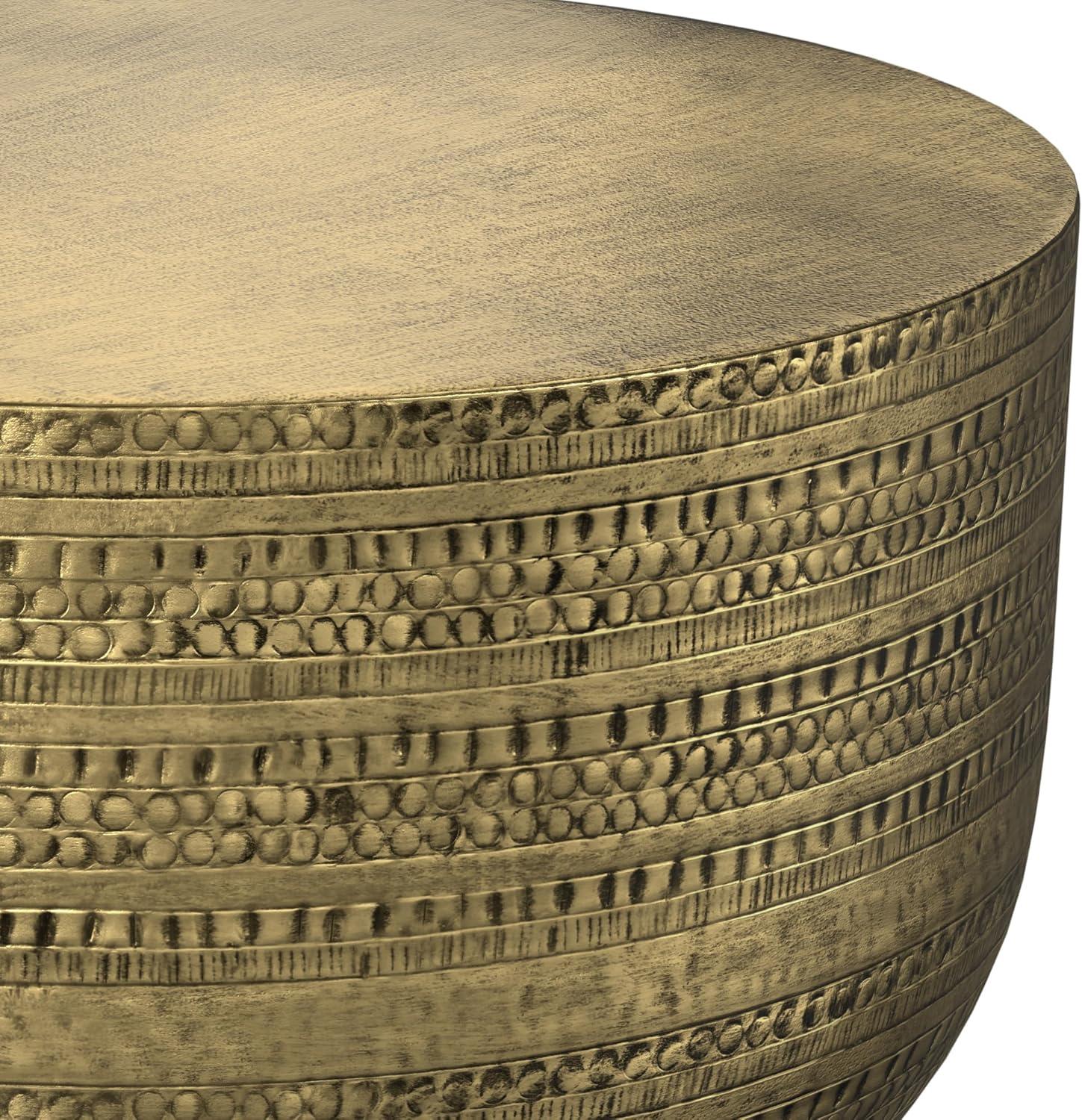 Simpli Home Johnsen 30"W Metal Boho Modern Round Coffee Table with Textured Detail, Assembled
