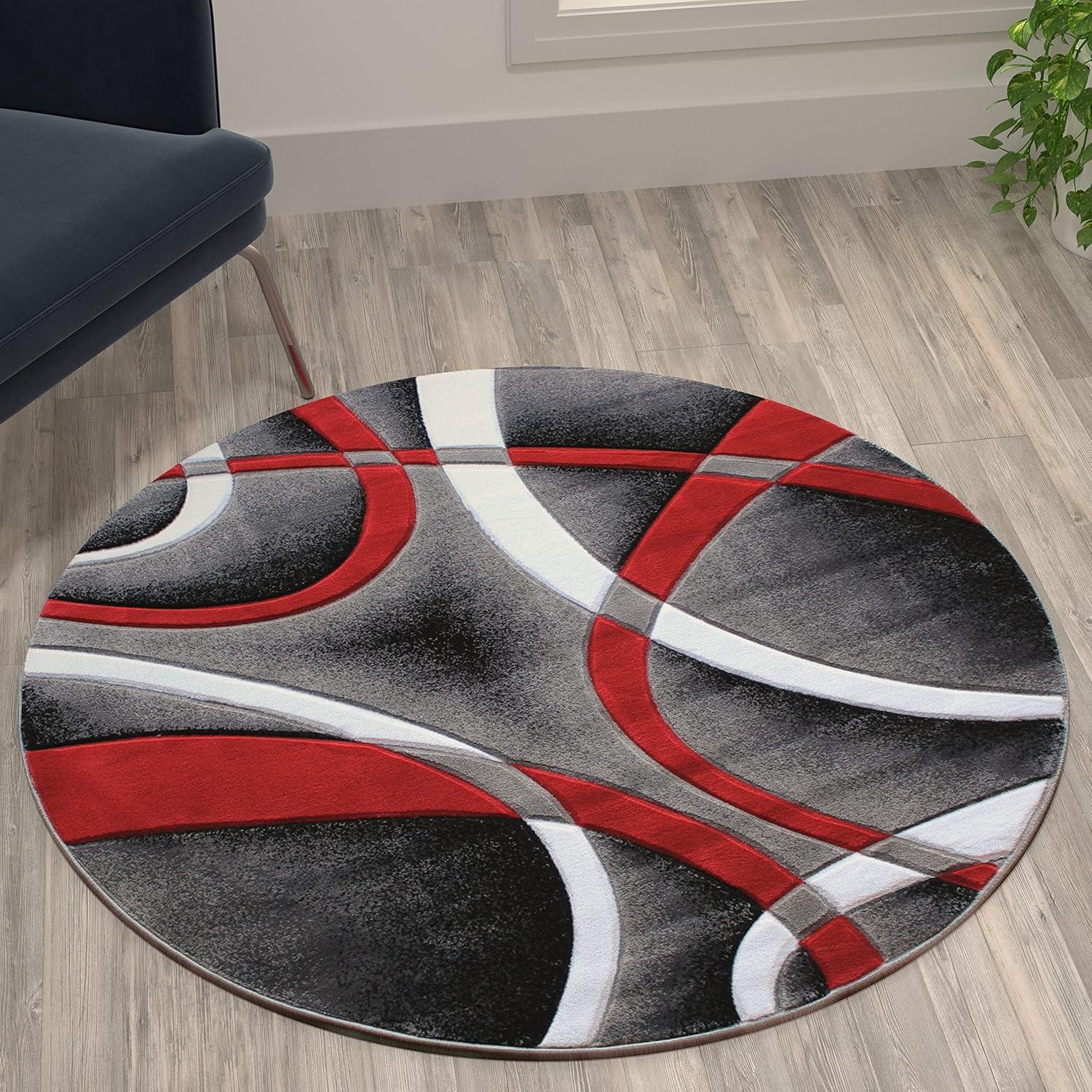 Flash Furniture Atlan Collection Abstract Area Rug - High Pile Red Olefin Rug - 4' x 4' Round Area Rug - Jute Backing - Hallway, Entryway, Bedroom