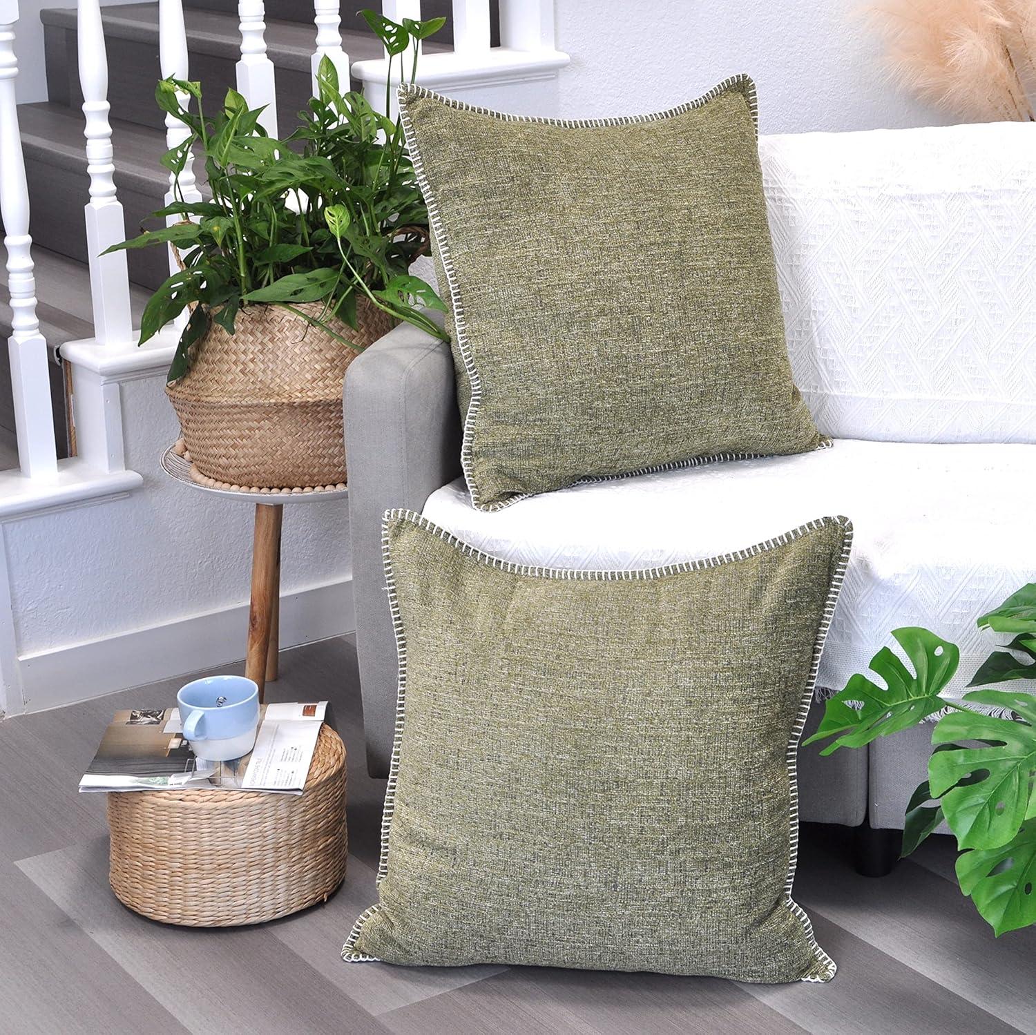 Soft Chenille Throw Pillow Covers With Stitched Edge (Set of 2)