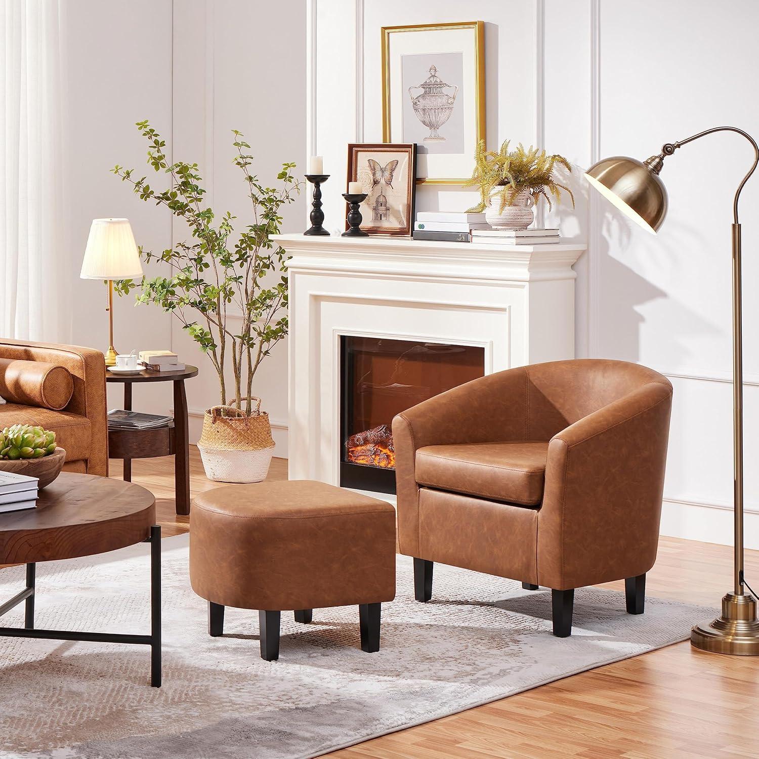 Topeakmart Faux Leather Club Accent Chair and Ottoman Set for Living Room, Brown