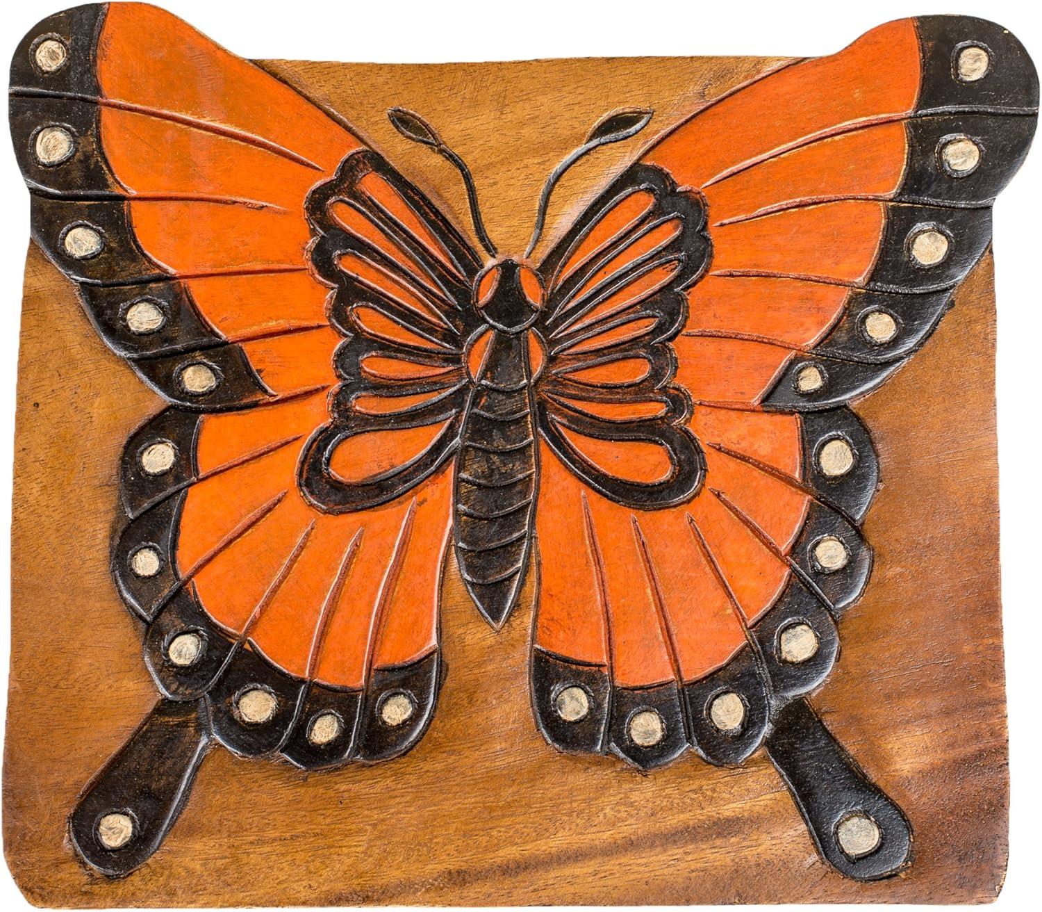 Monarch Butterfly 10" Square Acacia Wood Decorative Stool