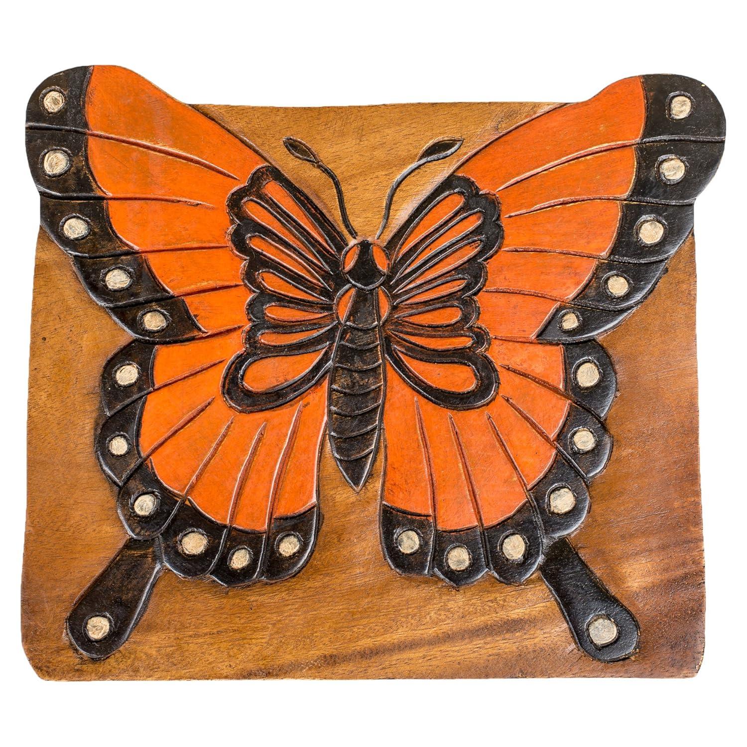 Monarch Butterfly Hand Carved Acacia Hardwood Decorative Short Stool