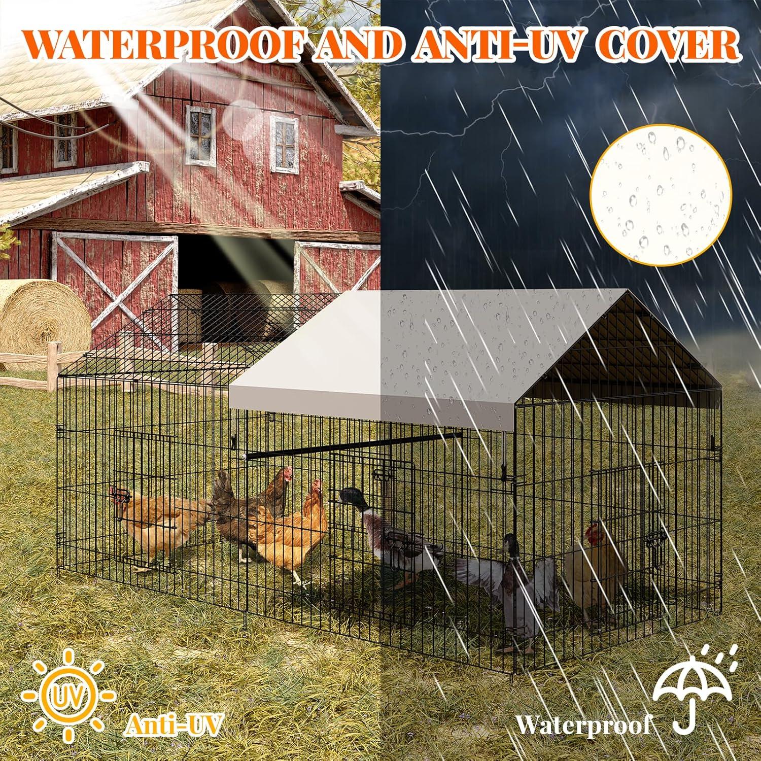 Metal Chicken Coop, 86 x 40 x 40 Inch Chicken Run for Yard with Waterproof Cover, Outdoor Portable Chicken Pen with 4 Doors, 1 Window, Chicken House for Small Animals Duck, Rabbit, Hen