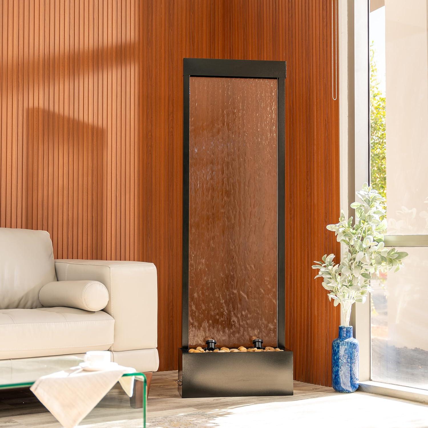 XBrand 68" H Freestanding Modern Indoor/Outdoor Waterfall Fountain w/ Decorative Rocks, LED Lights & Auto-Shut Off Pump, Aluminum/Clear Glass, Black