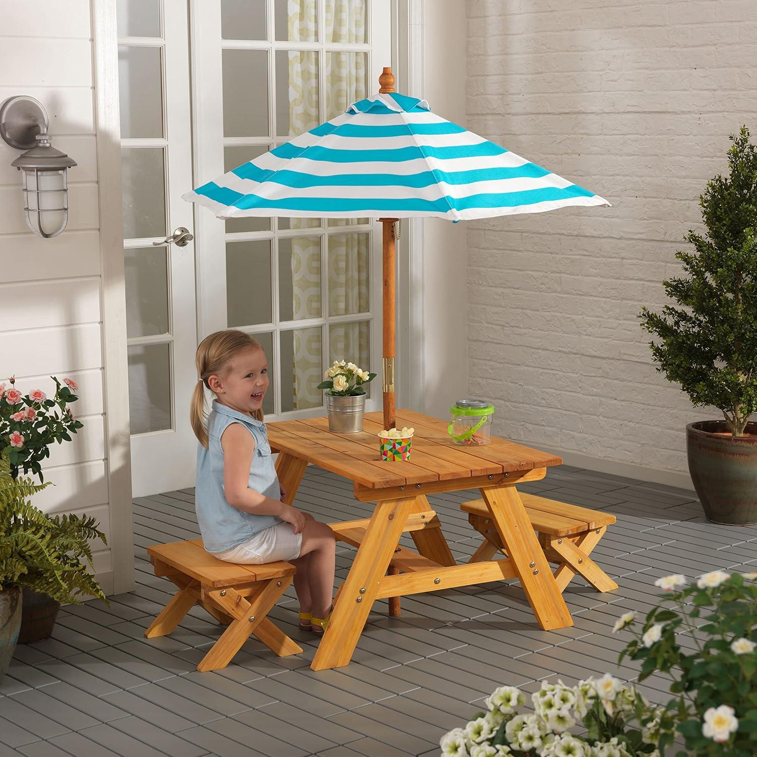 KidKraft Outdoor Wooden Table & Bench Set, Striped Umbrella, Turquoise and White