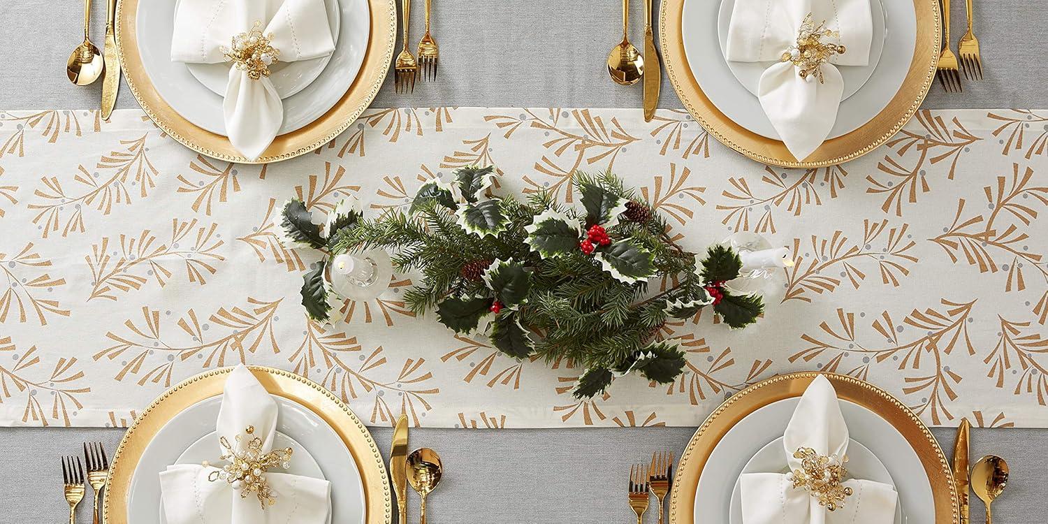 DII 14x108" Modern Cotton Metallic Holly Leaves Table Runner in Gold