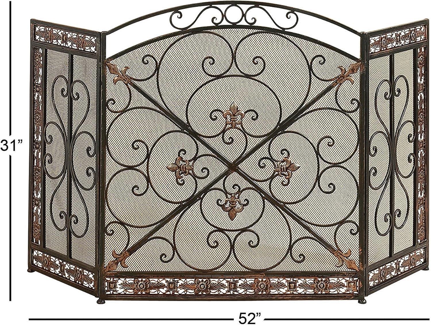 DecMode 52" x 31" Black Metal Foldable Mesh Netting 3 Panel Fireplace Screen with Fleur De Lis and Scrollwork Designs, 1-Piece