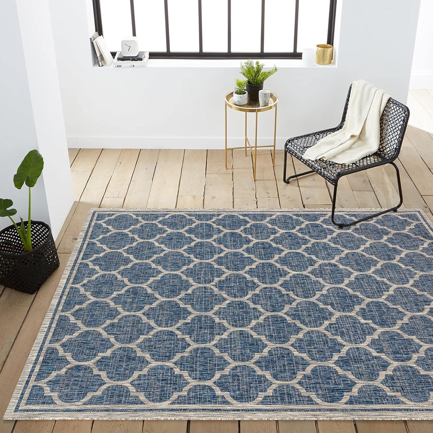 3'x5' Trebol Moroccan Trellis Textured Weave Indoor/Outdoor Area Rug, Navy/Gray - JONATHAN Y