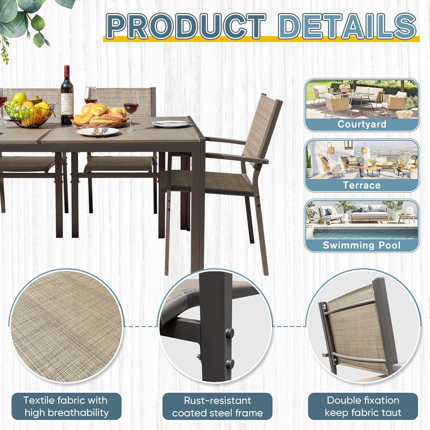 Homall Patio Dining Set 7 Pieces Outdoor Furniture with Large Table and 6 Textilene Chairs for Porch, Brown