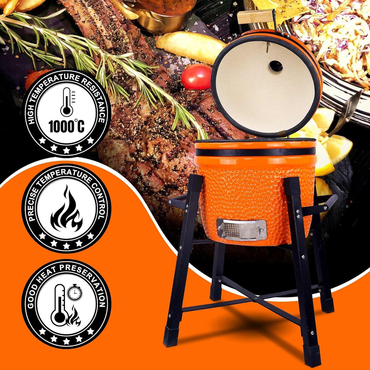 London Sunshine Ceramic Kamado Charcoal BBQ Grill -The Junior Series with Tall Stand (ORANGE)