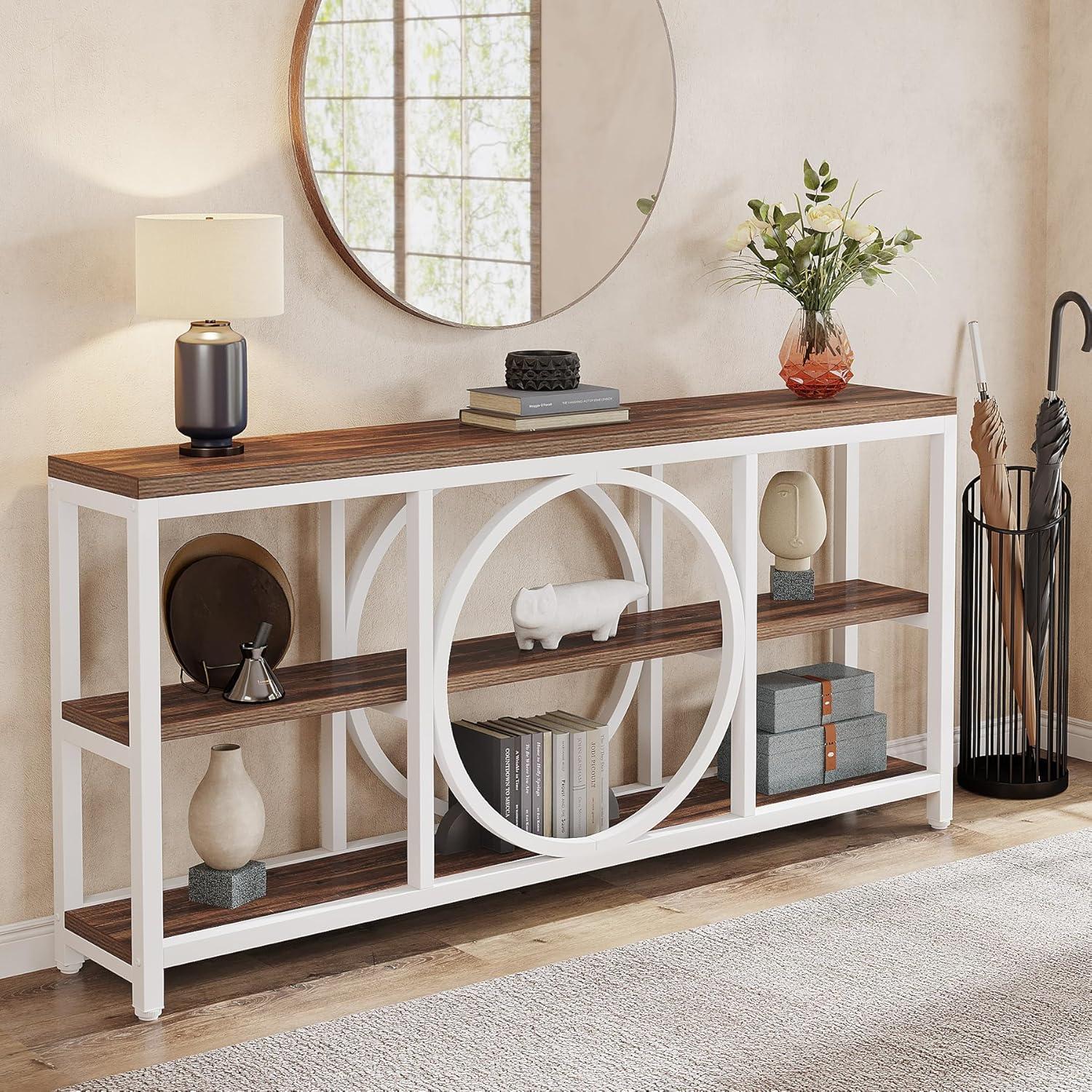 GVN Console Table, Entryway Table, 70.9" Console Table, Narrow Sofa Table with 3 Tier Storage Shelves,White & Walnut