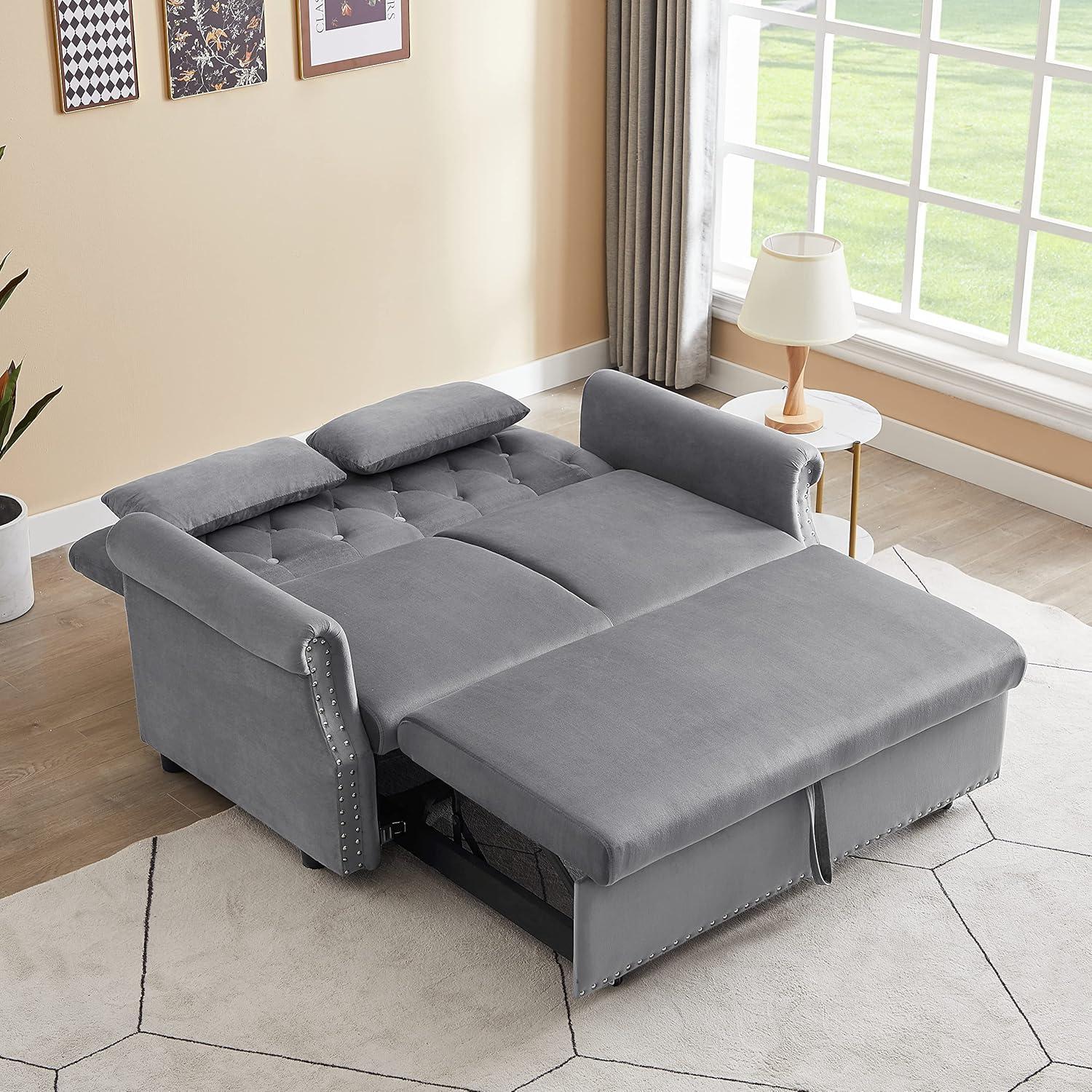 Gray Velvet Tufted Convertible Sleeper Sofa with Nailhead Trim