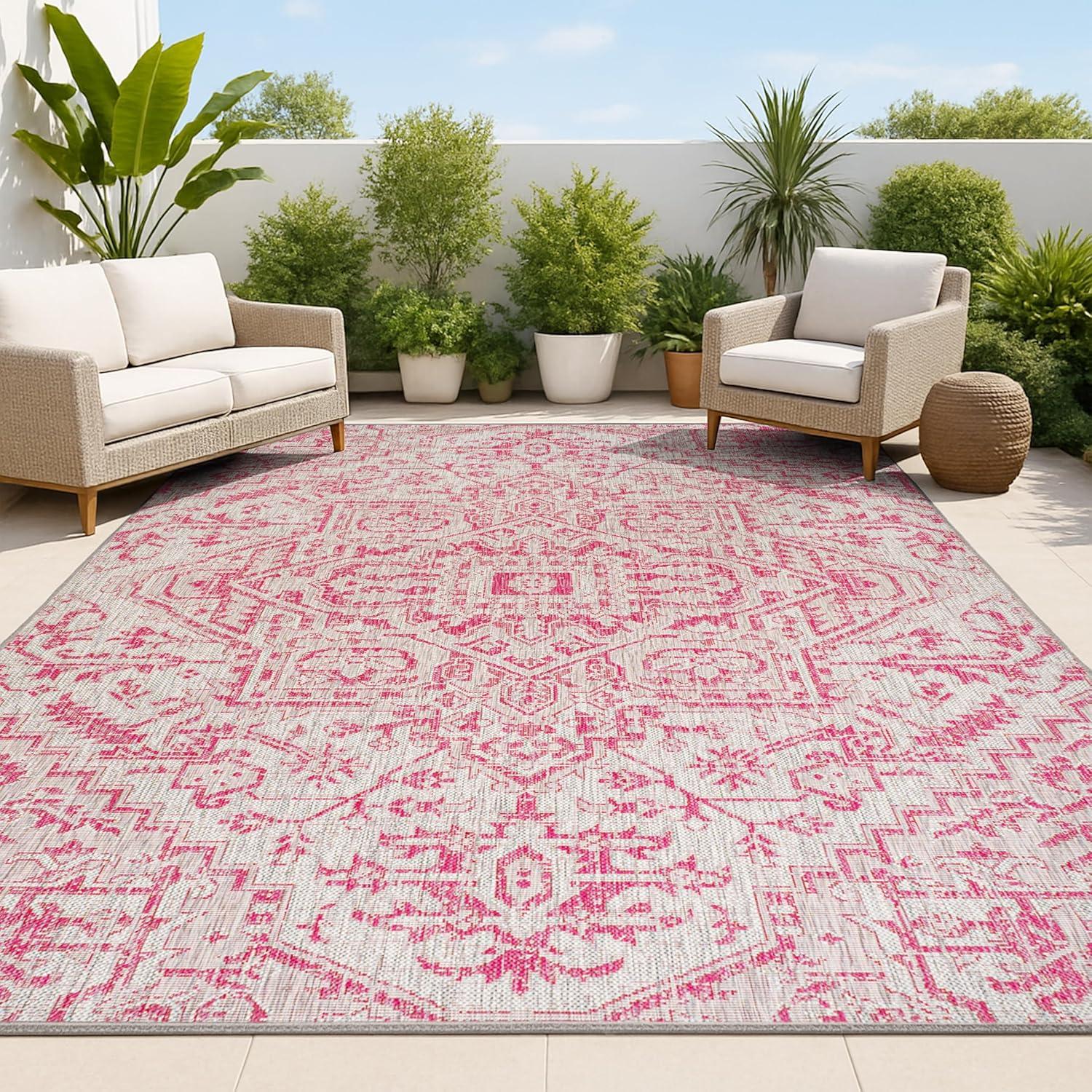 4' x 6' Estrella Bohemian Medallion Textured Weave Indoor/Outdoor Area Rug, Light Gray/Fuchsia - JONATHAN Y