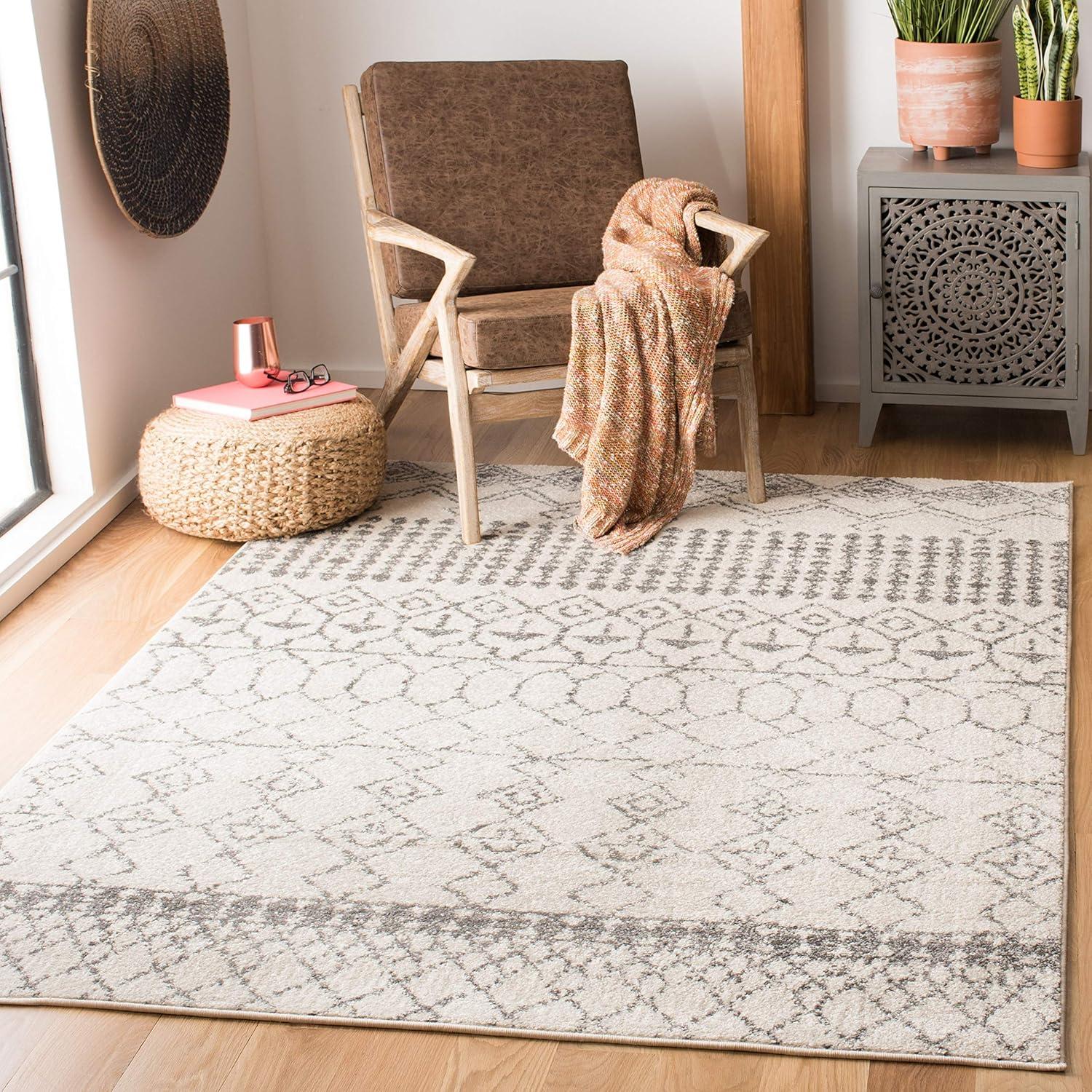 Ivory & Grey Moroccan Boho 3' Square Synthetic Area Rug