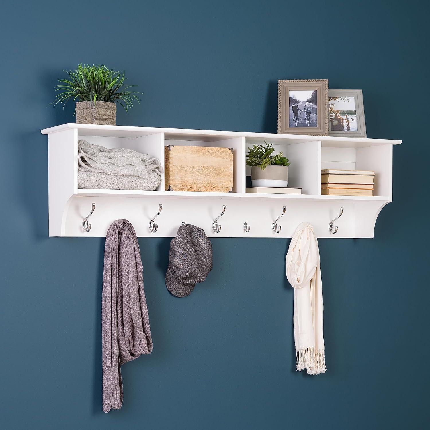 Prepac 60" Wide Hanging Entryway Shelf White: Wall Mounted Storage with 9 Hooks, Laminated Wood Composite