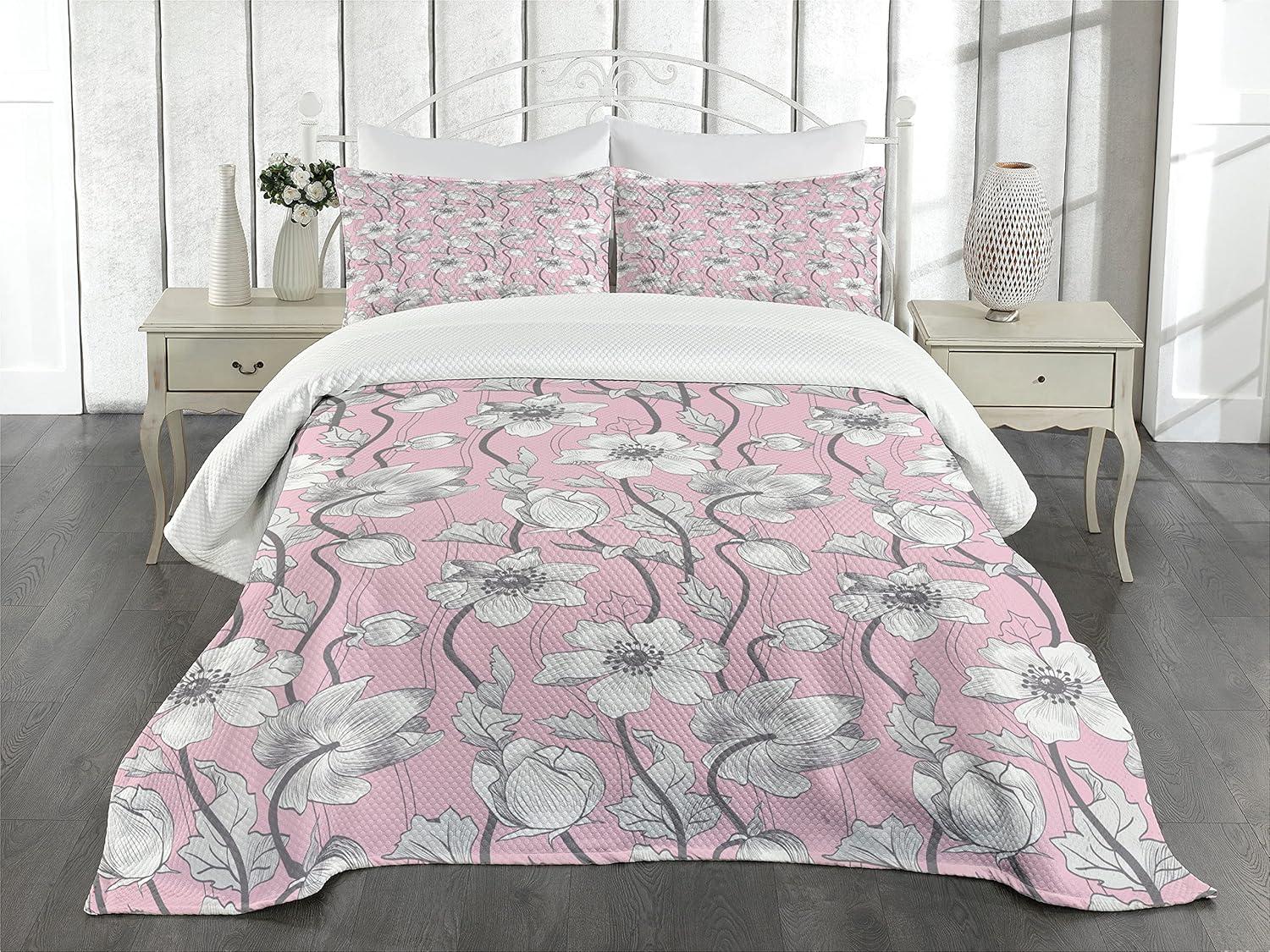 Ambesonne Pink and Grey Bedspread Set Soft Yoga Botanical Rose Pale Grey