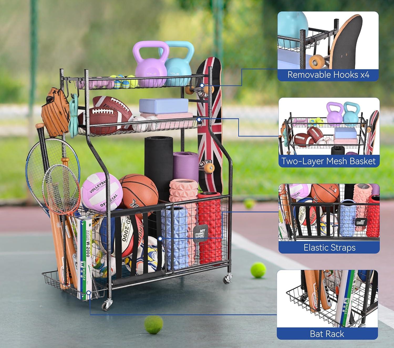 Mythinglogic Garage Storage System, Garage Organizer with Baskets and Hooks, Sports Equipment Organizer for Sports Gear/Toys,Garage Ball Storage