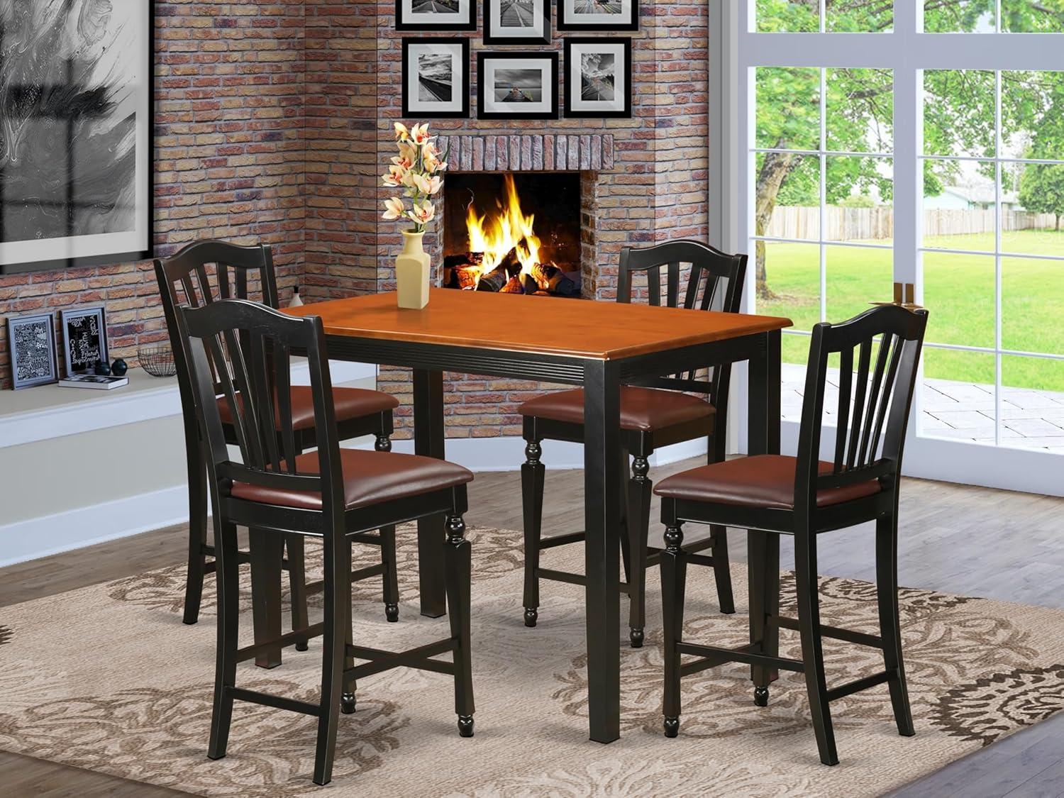 East West Furniture YACH5-BLK-LC 5 Piece Counter Height Pub Set Includes a Rectangle Dining Room Table and 4 Faux Leather Upholstered Kitchen Chairs, 30x48 Inch, Black & Cherry