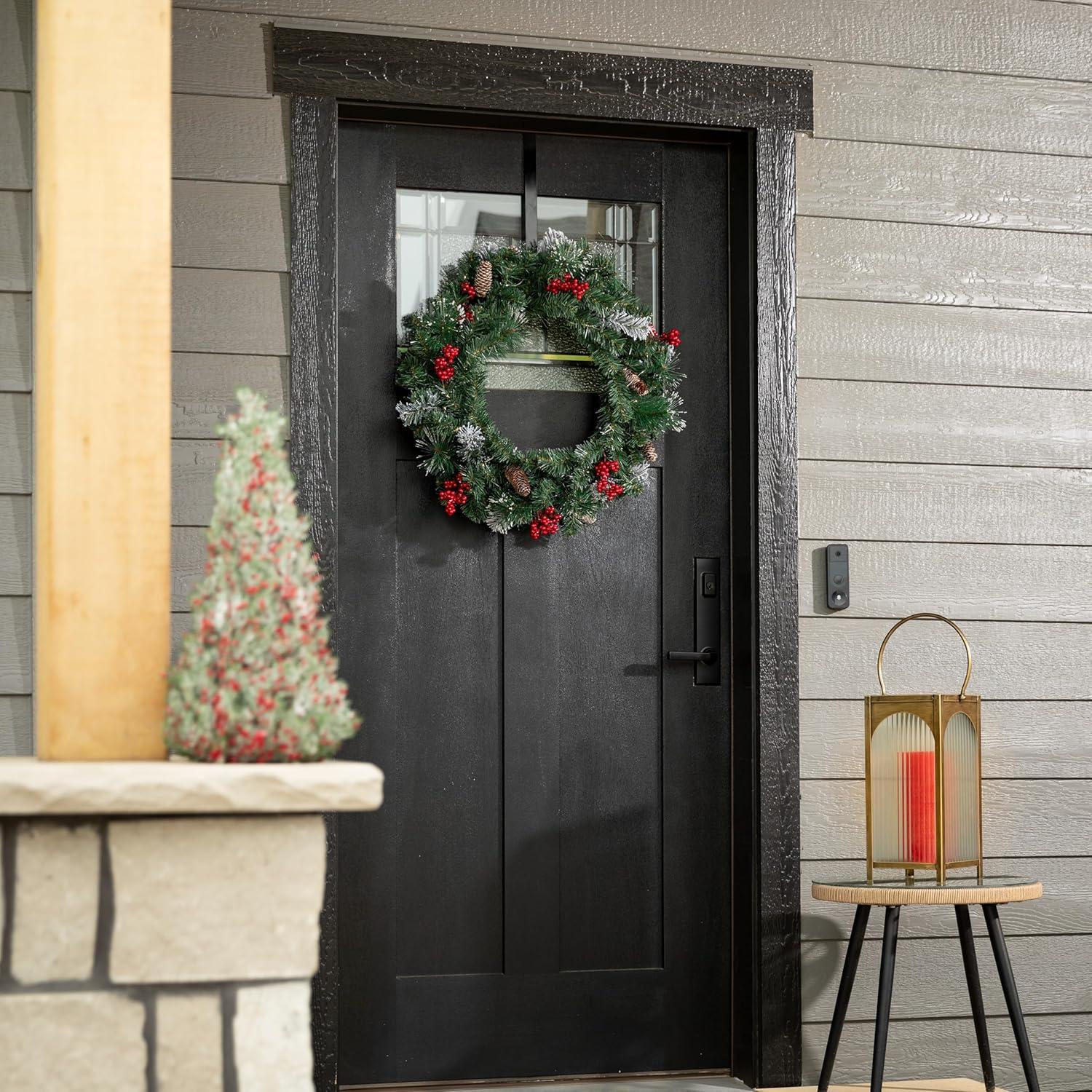 Sullivans 24 Inch Pre-lit Berry Pine Christmas Wreath Decorated with Pinecones, Light Flocking, and Warm White Twinkle Lights