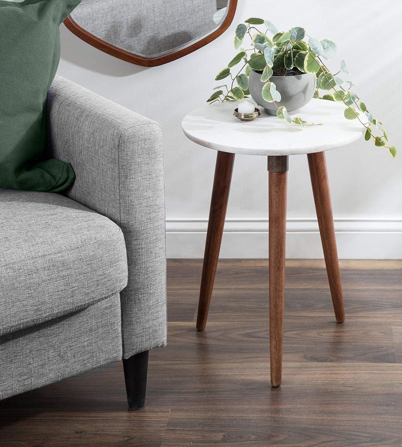 Walnut Brown and White Marble Round Side Table