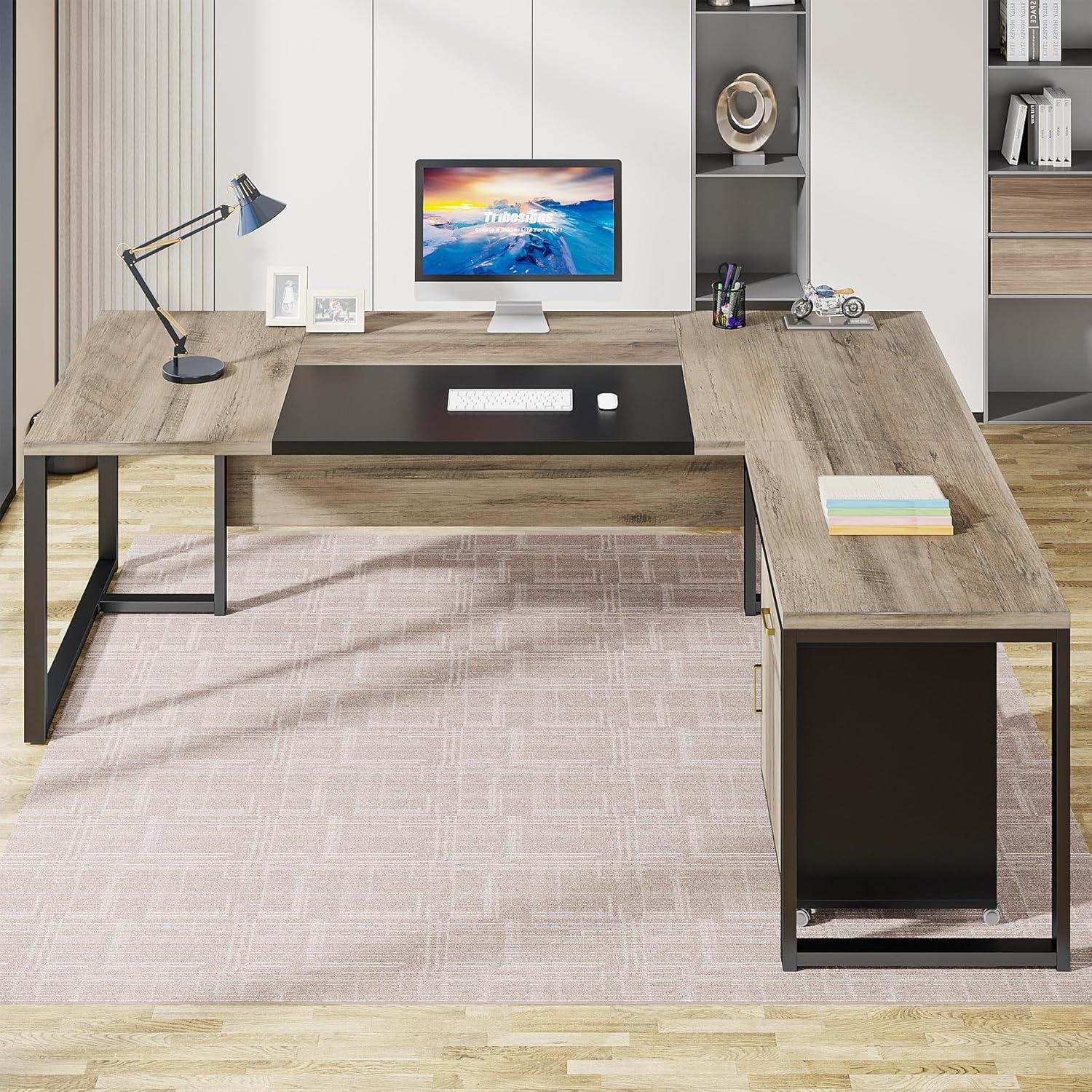 Tribesigns 70.8" Executive Desk with 55" File Cabinet, Industrial L Shaped Computer Desk, Large Executive Desk for Home Office, Walnut & White