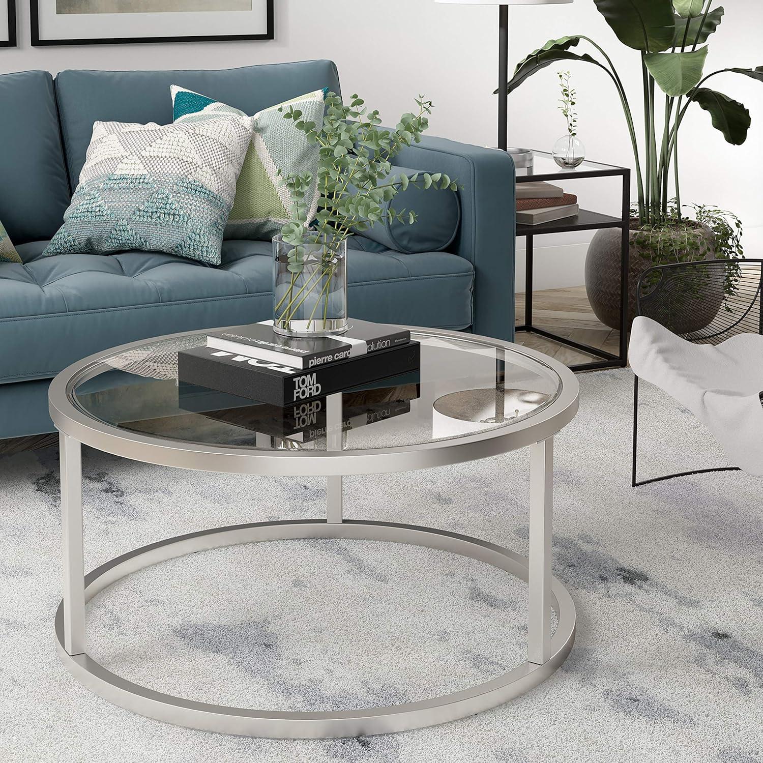 Evelyn&Zoe Parker 35" Wide Round Coffee Table, Satin Nickel