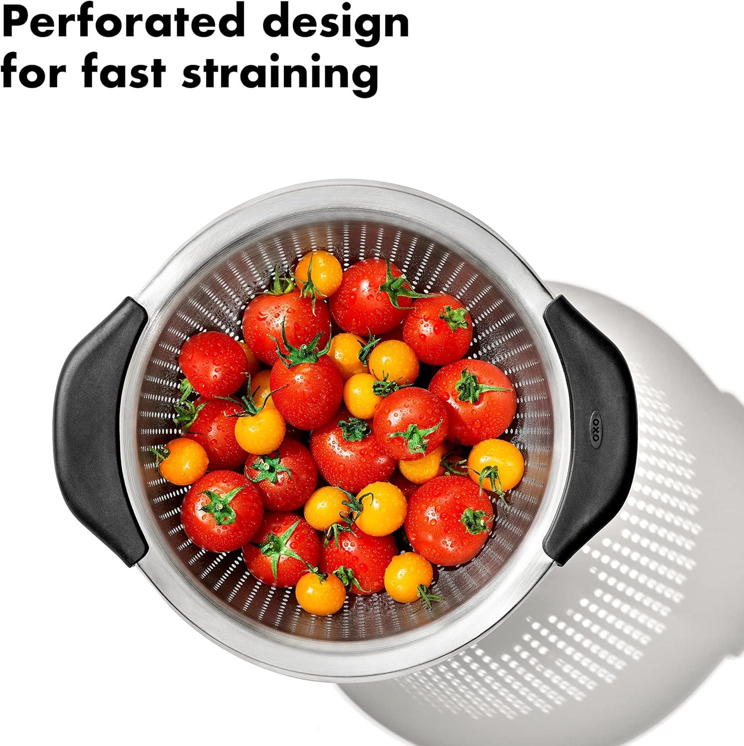 OXO 3Qt Stainless Steel Colander: Dishwasher-Safe Pasta Strainer, Light Silver, 9.6" Width, 3Qt Capacity