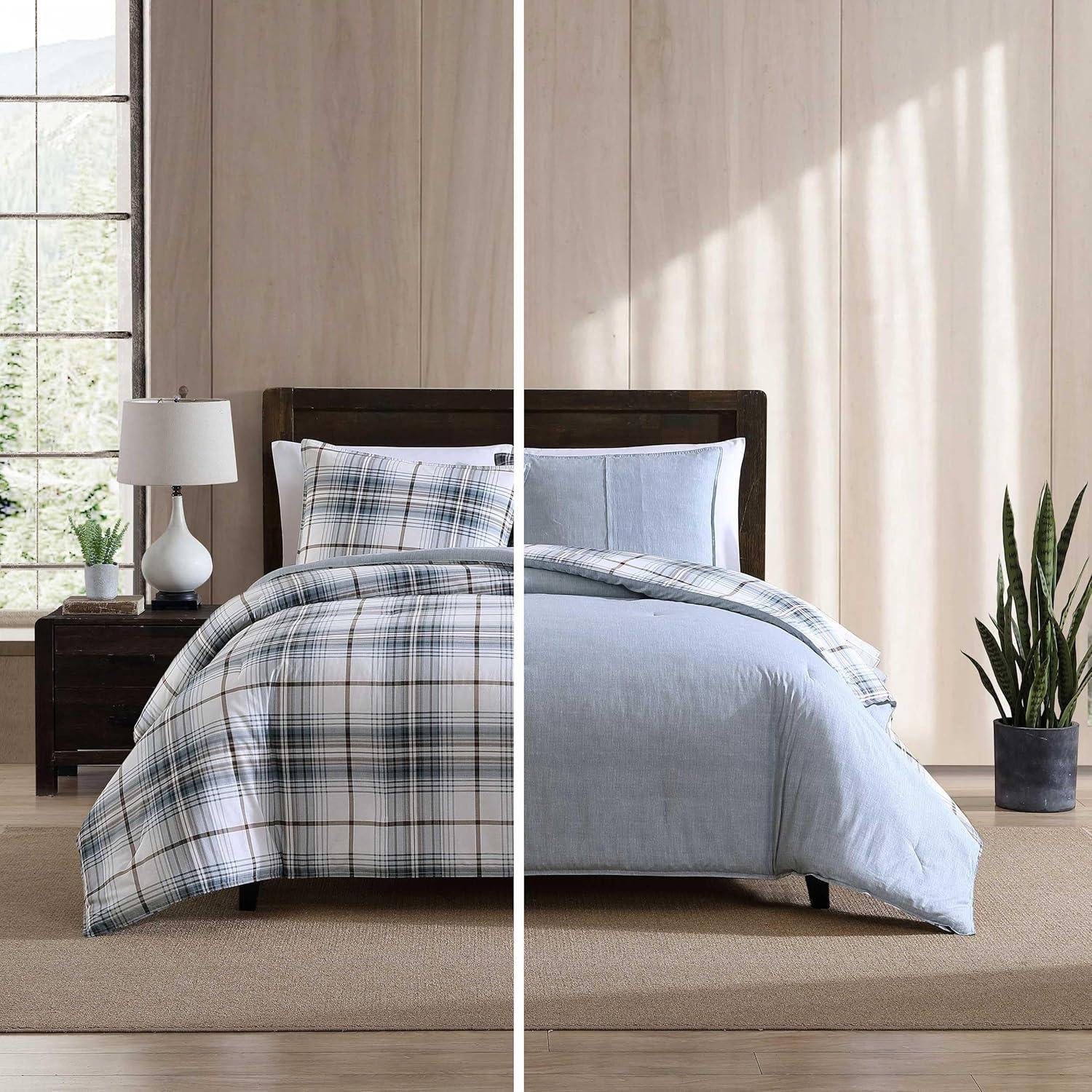 Alder Blue and Grey Plaid Cotton Twin Comforter Set