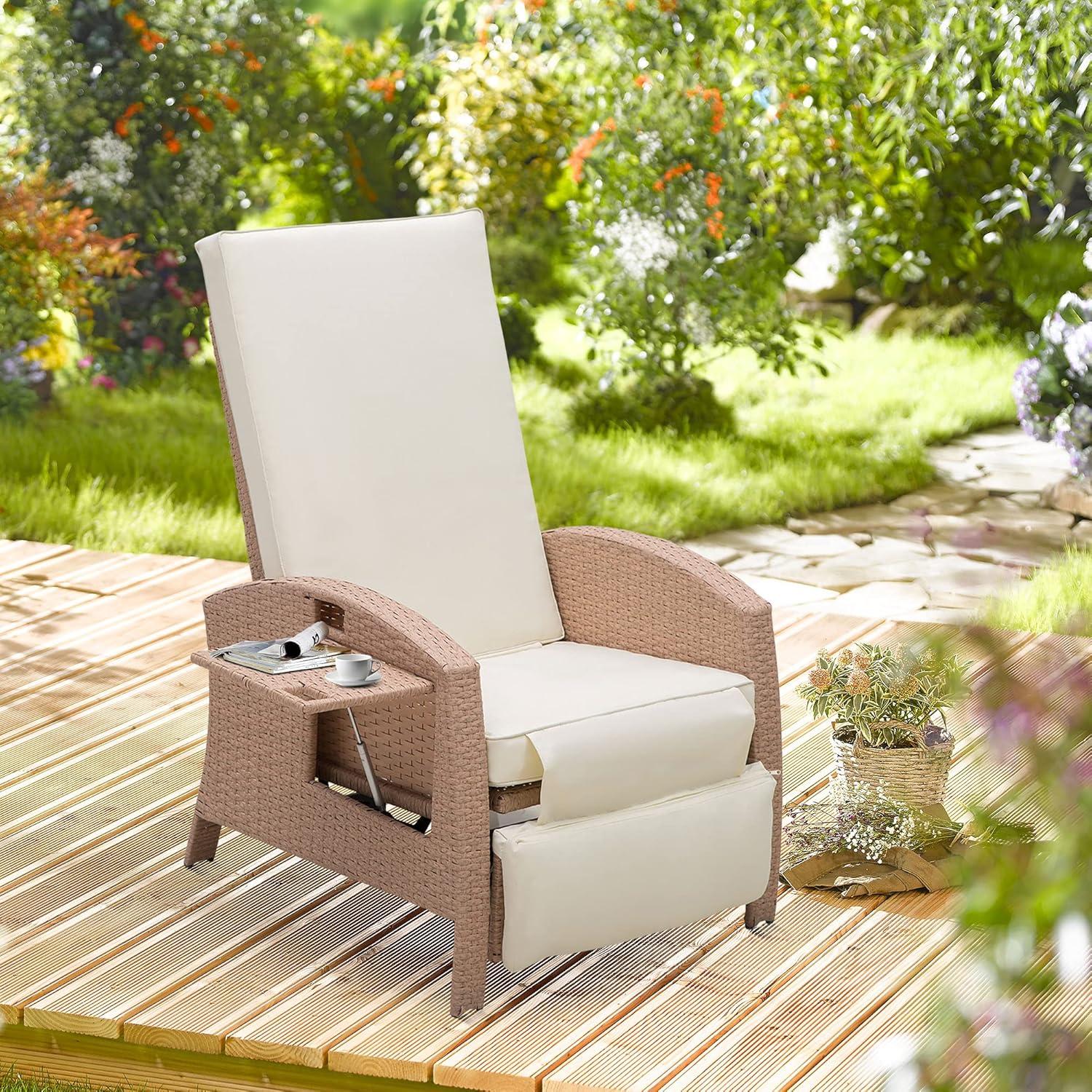 Beige Wicker Outdoor Recliner with Cushions and Tray