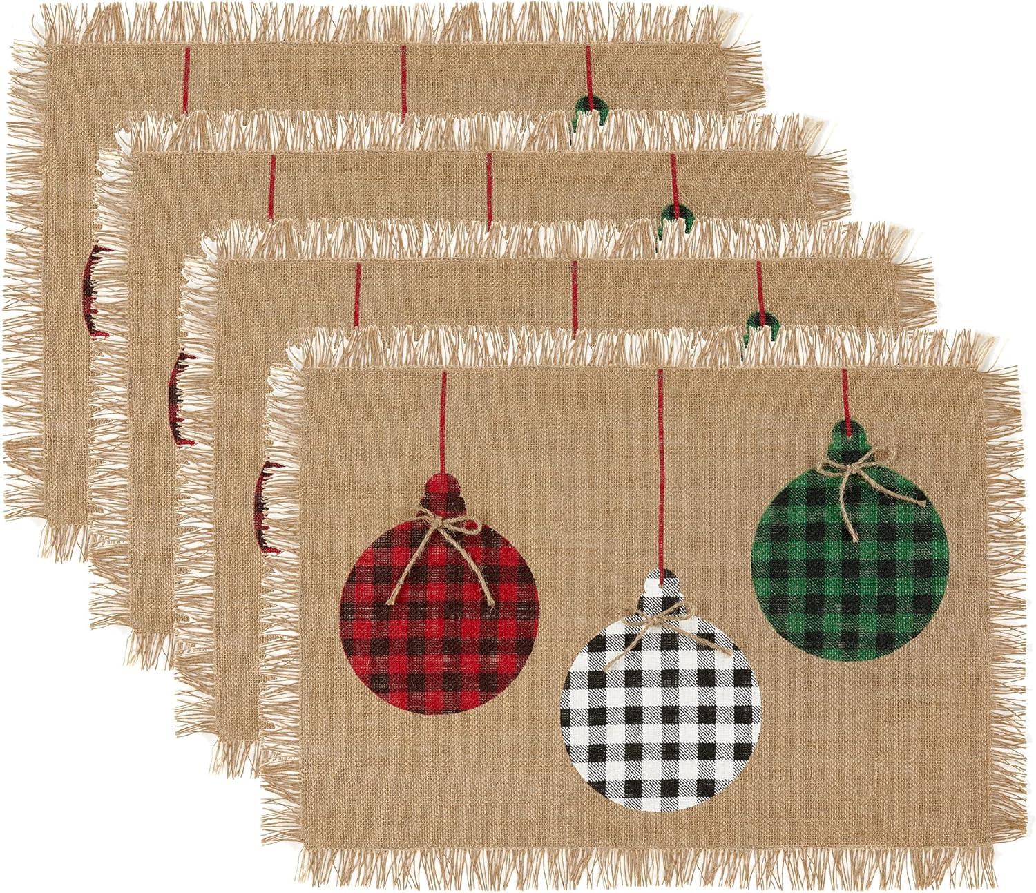 Farmhouse Burlap Holiday Placemat Set with Ornaments, 13" x 19"