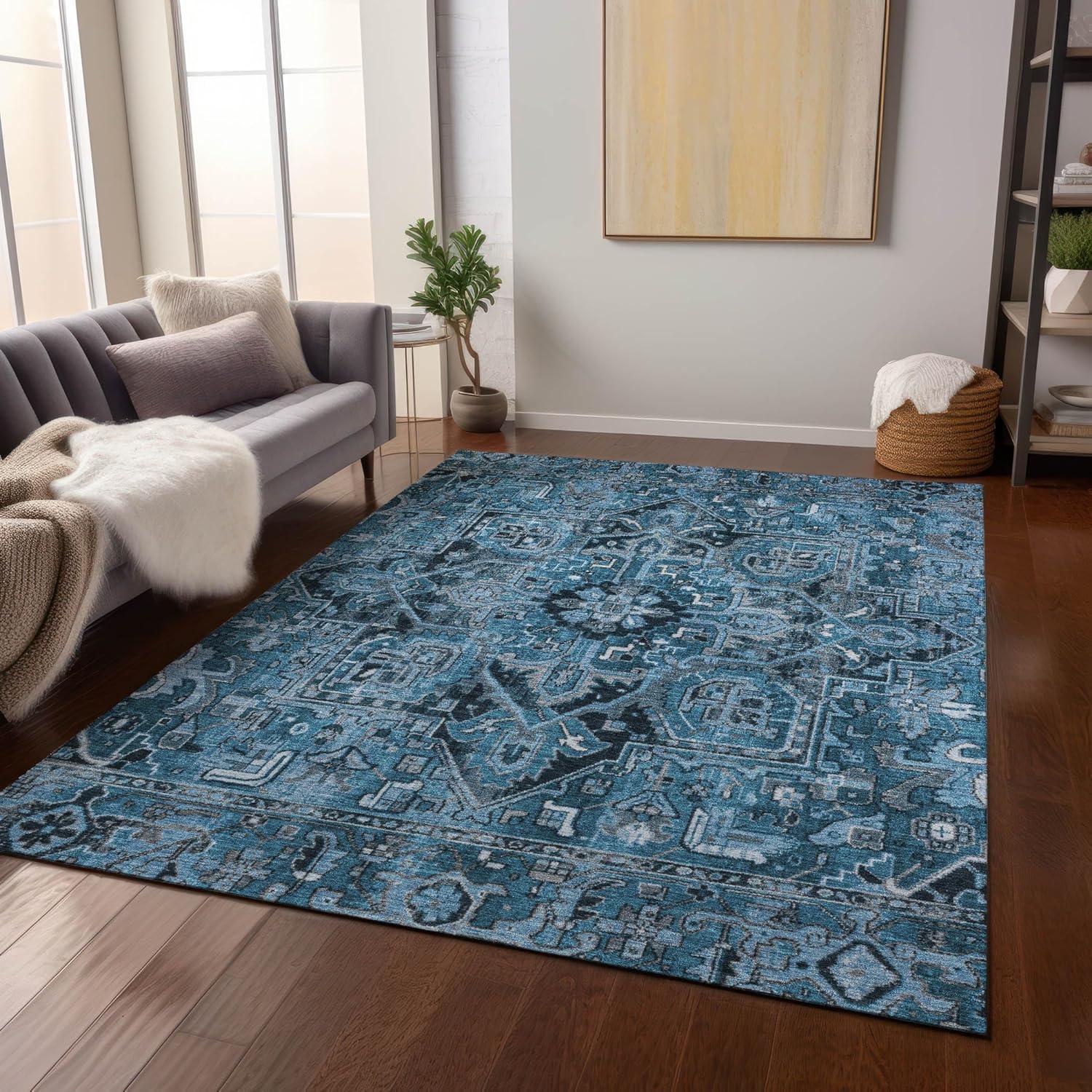 Blue 8' x 10' Synthetic Oriental Washable Area Rug