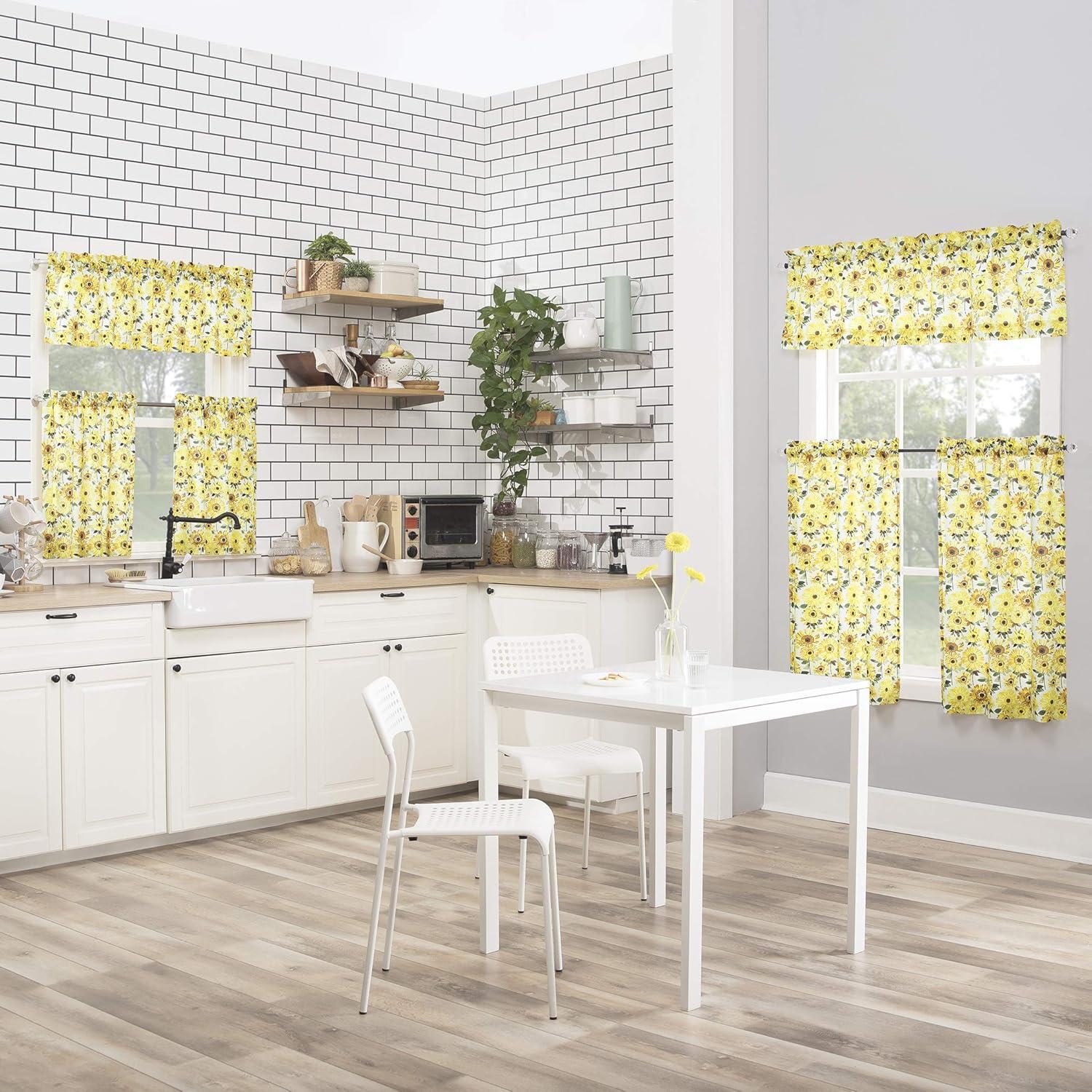 Sunflower Print Semi Sheer Rod Pocket Kitchen Curtain Valance and Tiers Set Yellow - No. 918