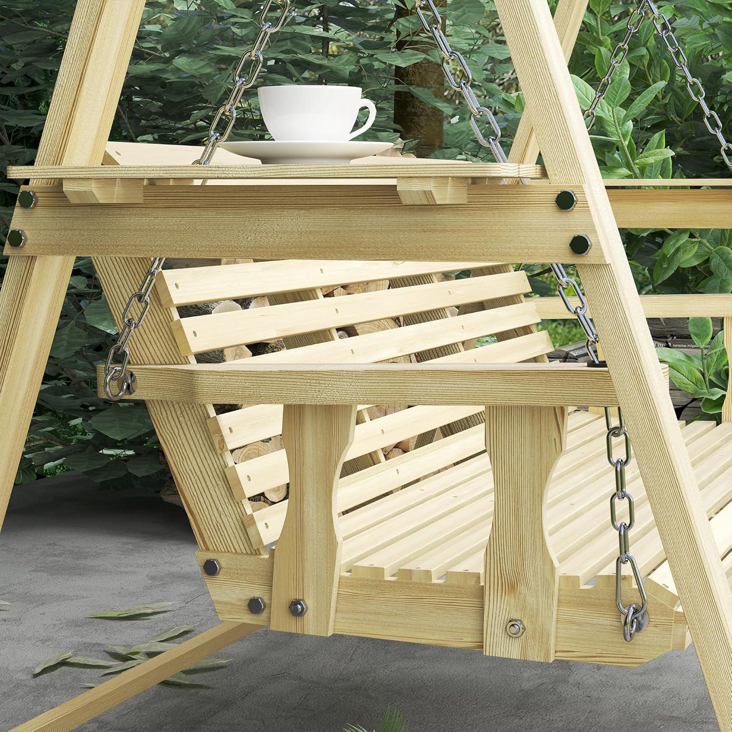 Outsunny 3 Seat Wooden Porch Swing with Stand, Patio Swing Chair with Side Tables, Carbonized Brown