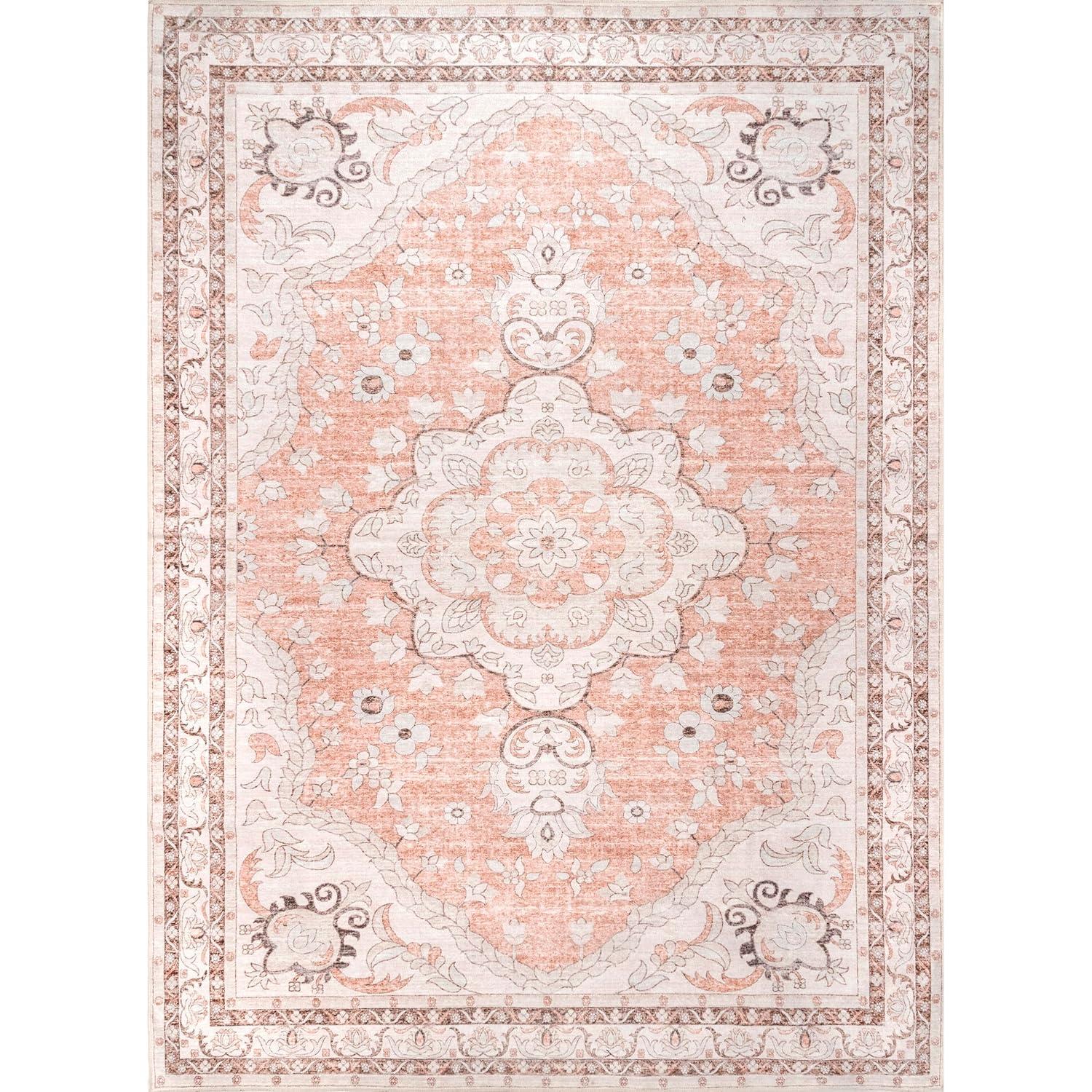 Nuloom Tracie Pet Friendly Machine Washable Floral Medallion Area Rug, 8' x 10', Peach