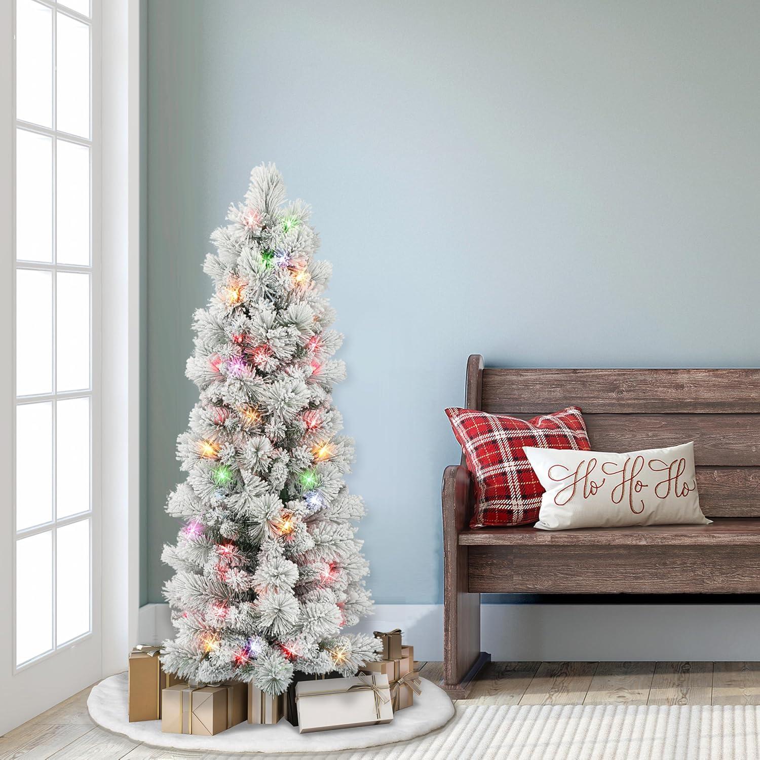 4.5 ft Flocked Portland Pine Pencil Tree with 195 tips 100 Multi-color Incandescent Lights