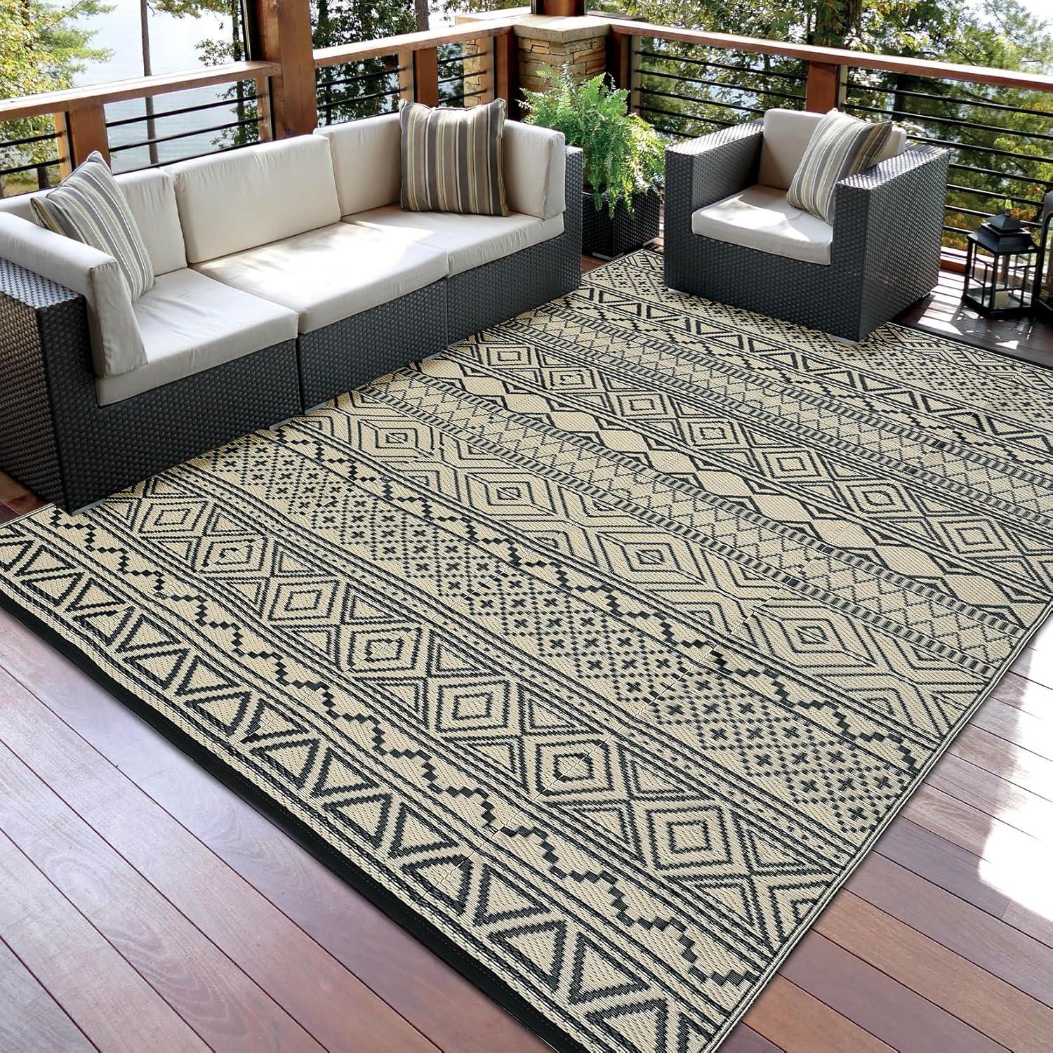 Garvee 9'x12' Plastic Outdoor Rugs, Bohemia Waterproof Straw Rug Reversible Indoor Outdoor Carpet for Patio RV Deck Porch Backyard Balcony Camping Picnic Beach, Multi-color