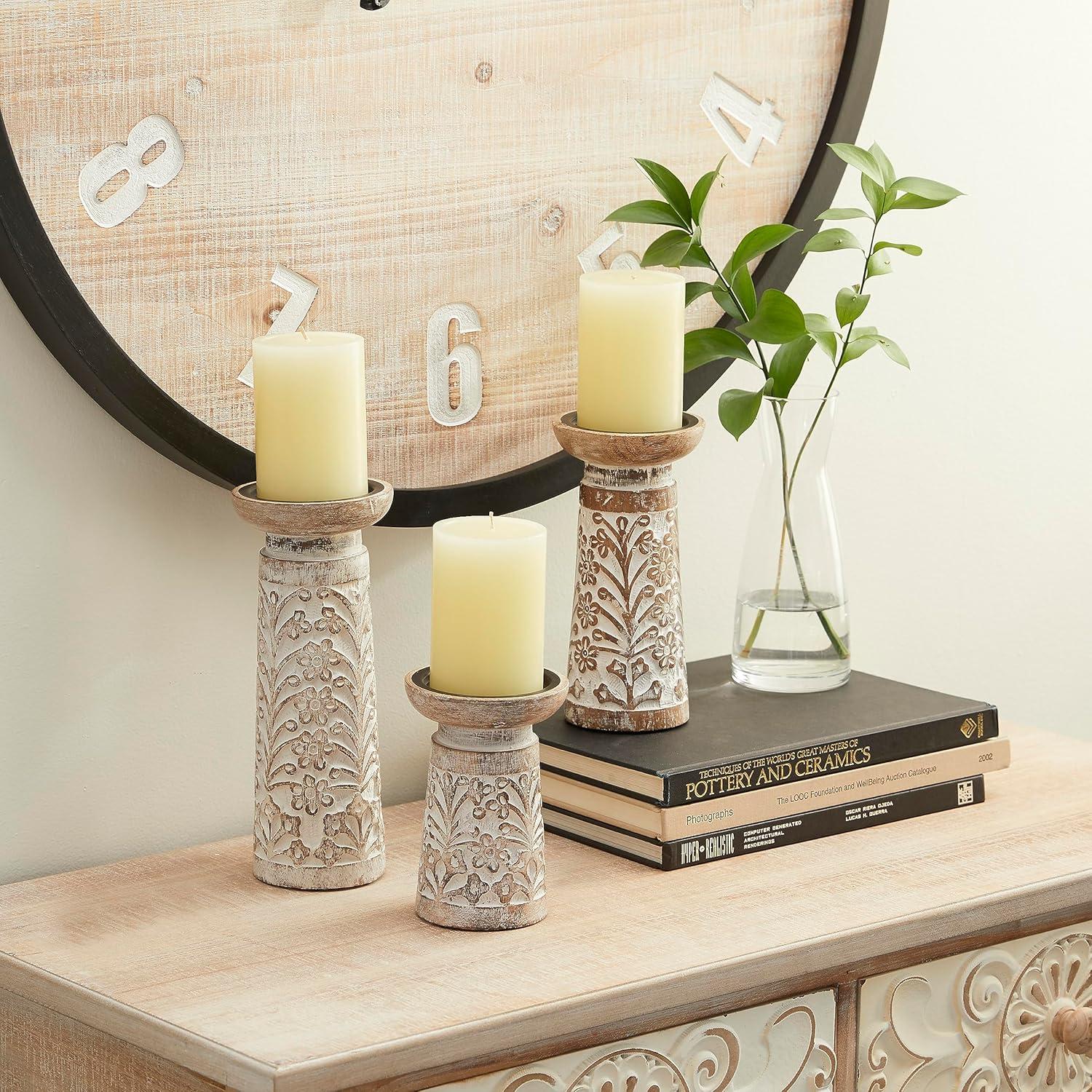 Gracie Oaks Mango Wood Floral Handmade Decorative Candle Holder Carved Pillar Candle Stand With Cream Accents, Set Of 3 Candlestick Holder 6", 8", 10"H, Brown